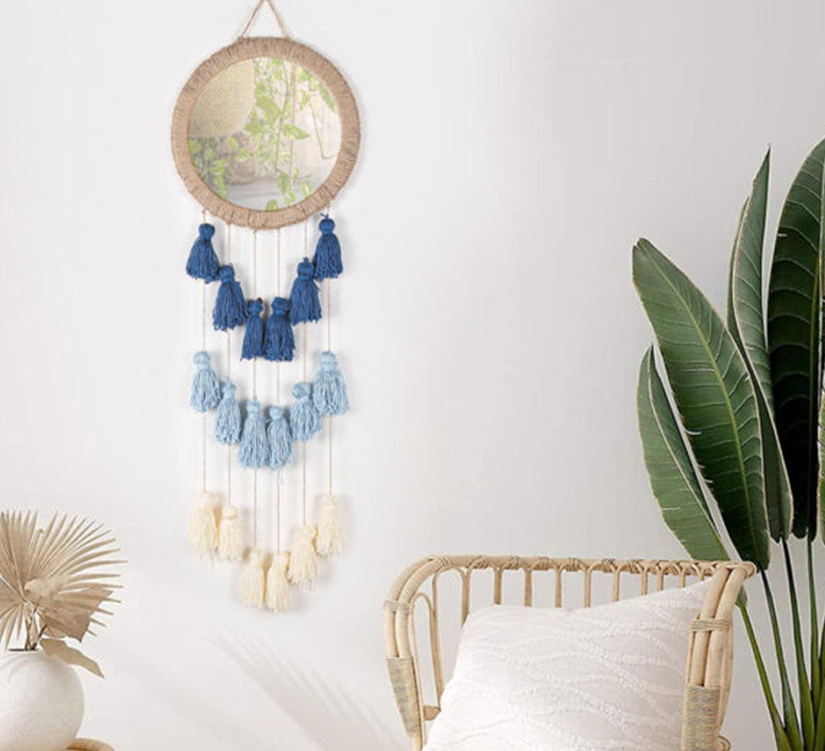 Macrame mirror with gradient blue tassels - Vitrine Furniture - Mirrors