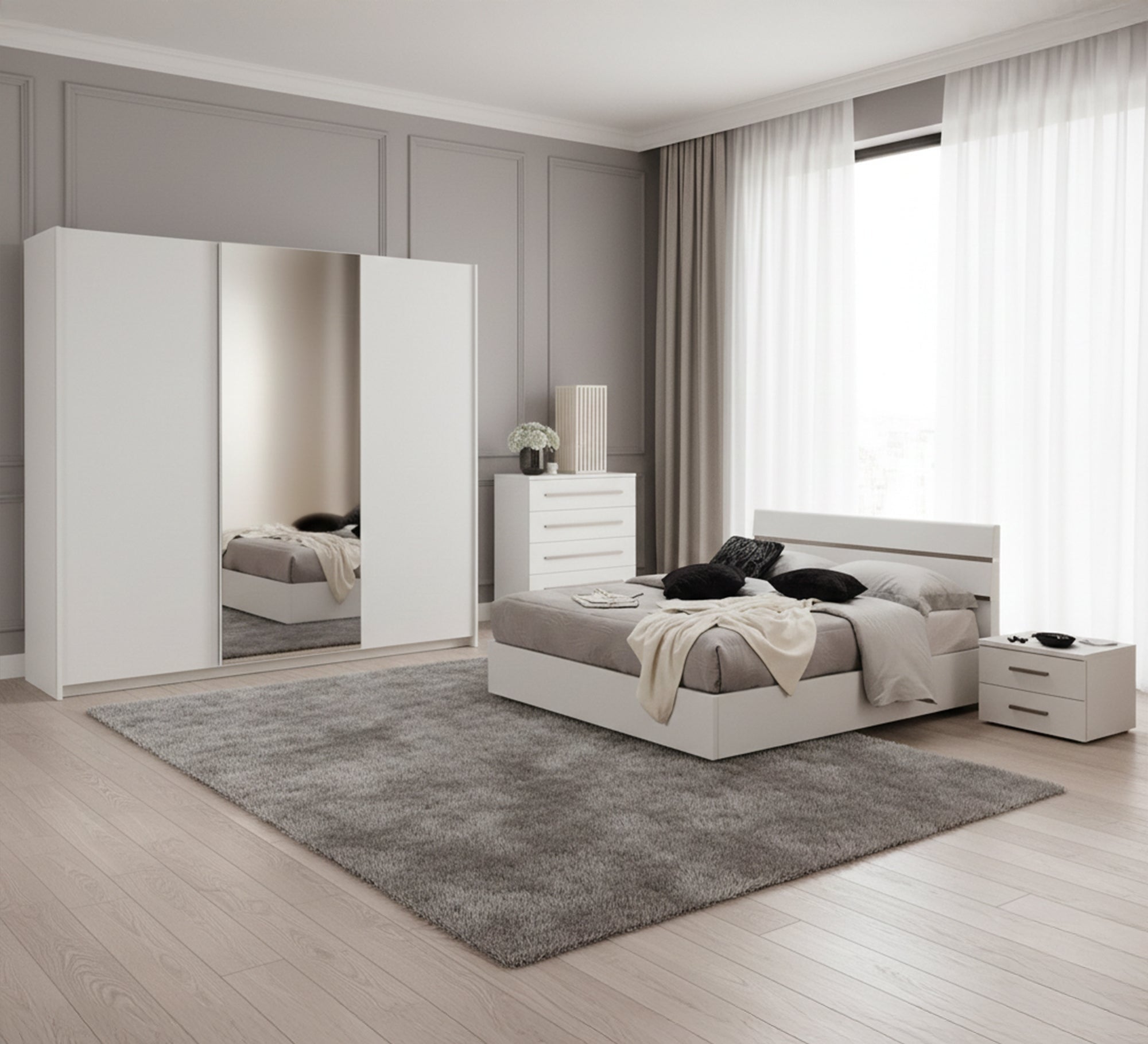 Master bedroom in white with sliding wardrobe - Vitrine Furniture - Bed Sets