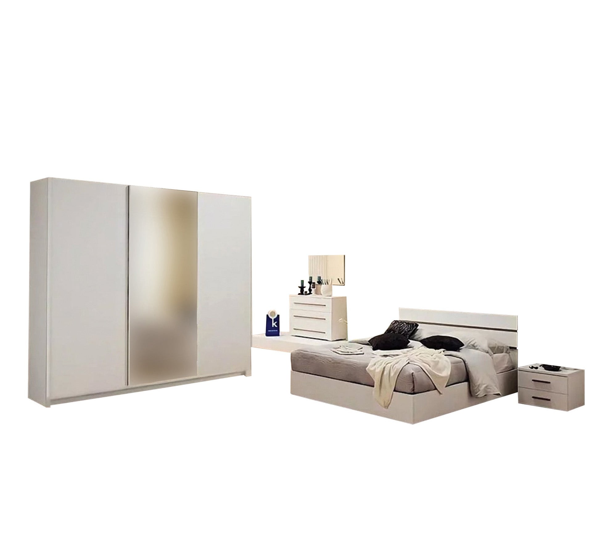 Master bedroom in white with sliding wardrobe - Vitrine Furniture - Bed Sets