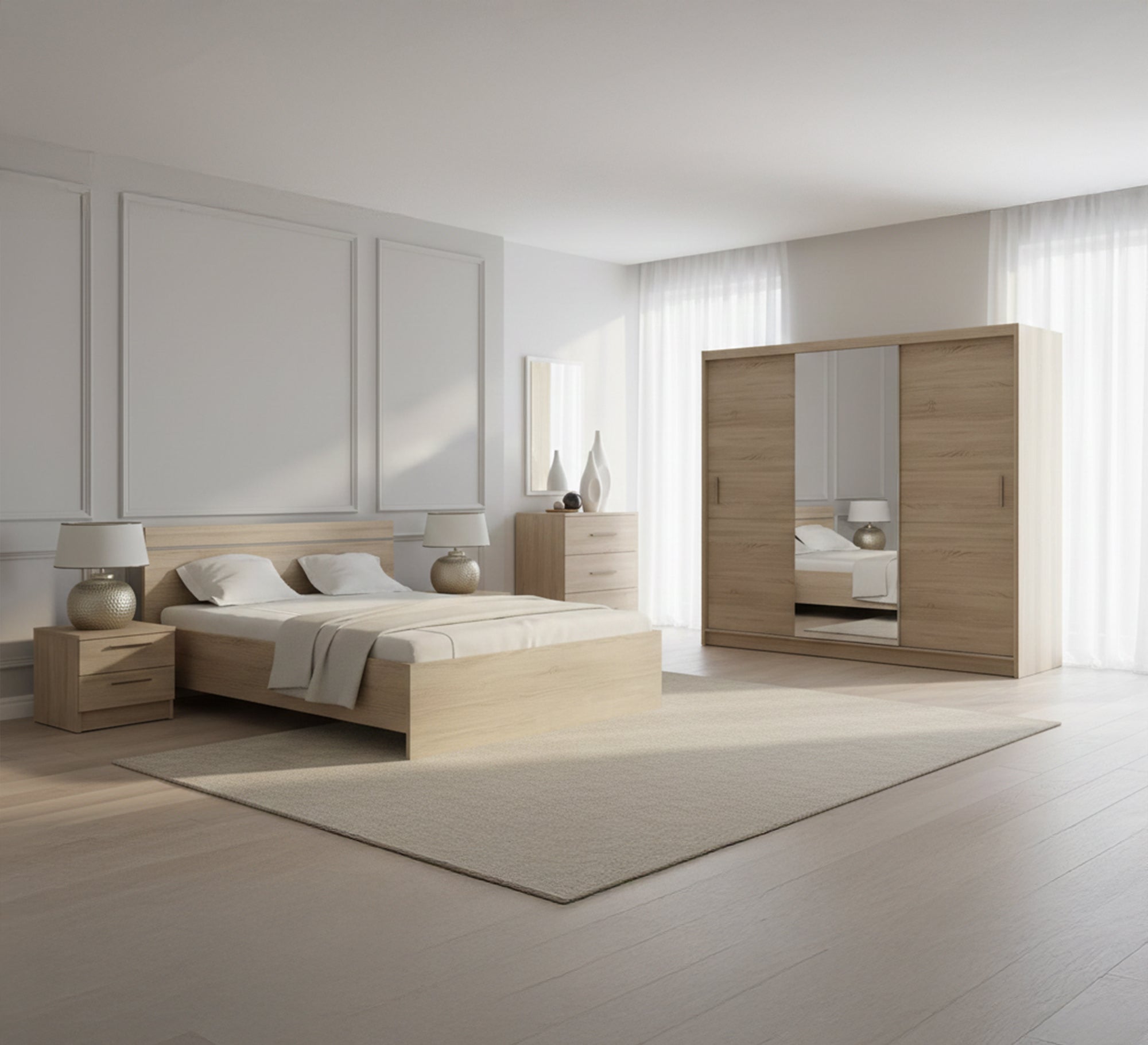 Master bedroom in wooden beige - Vitrine Furniture - Bed Sets