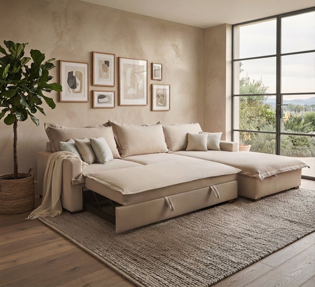 Modern and comfortable beige corner sofa - Vitrine Furniture - L-shape sofa set