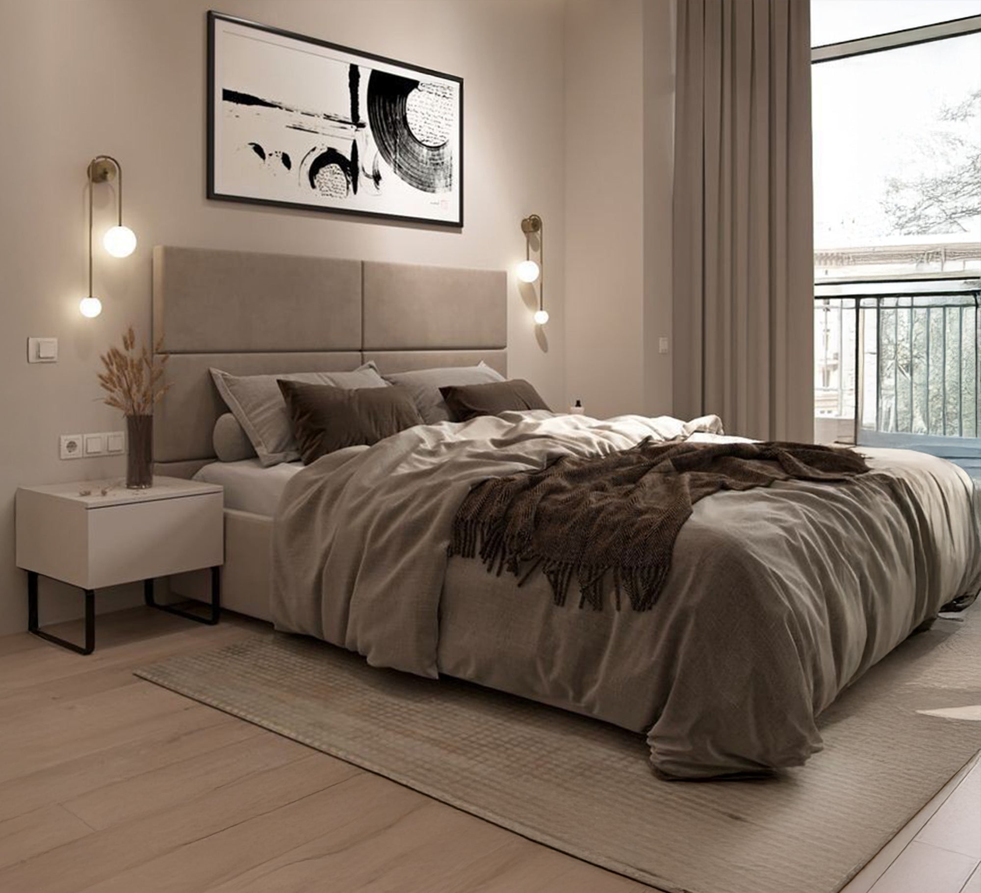 Modern bed with an elegant gray headboard - Vitrine Furniture - Furniture