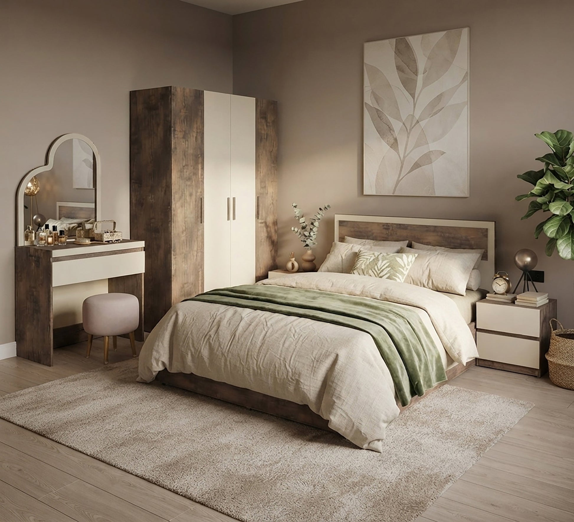 Modern bedroom in beige and wood tones - Vitrine Furniture - Master Bedroom Sets