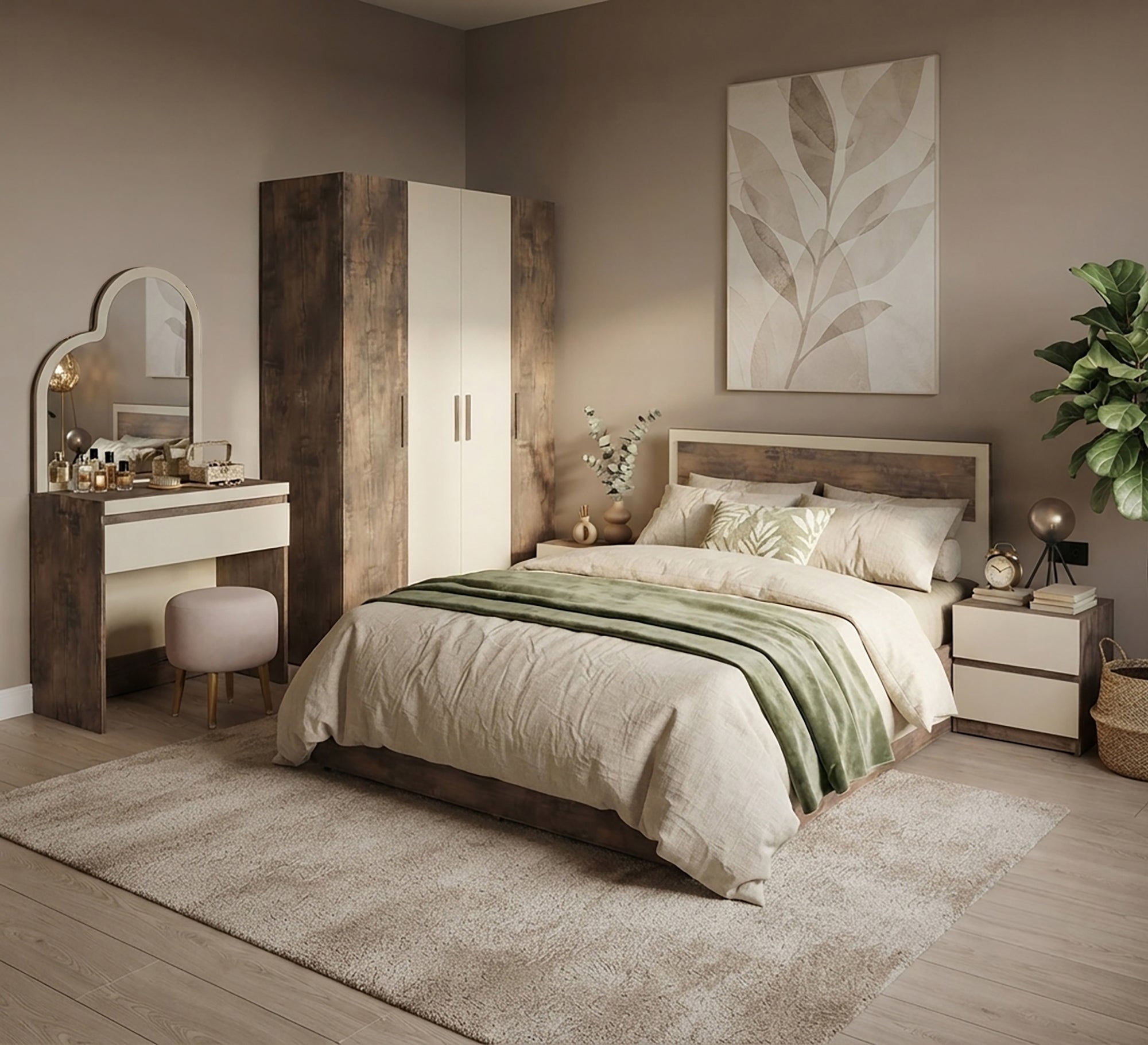 Modern bedroom in beige and wood tones - Vitrine Furniture - Master Bedroom Sets