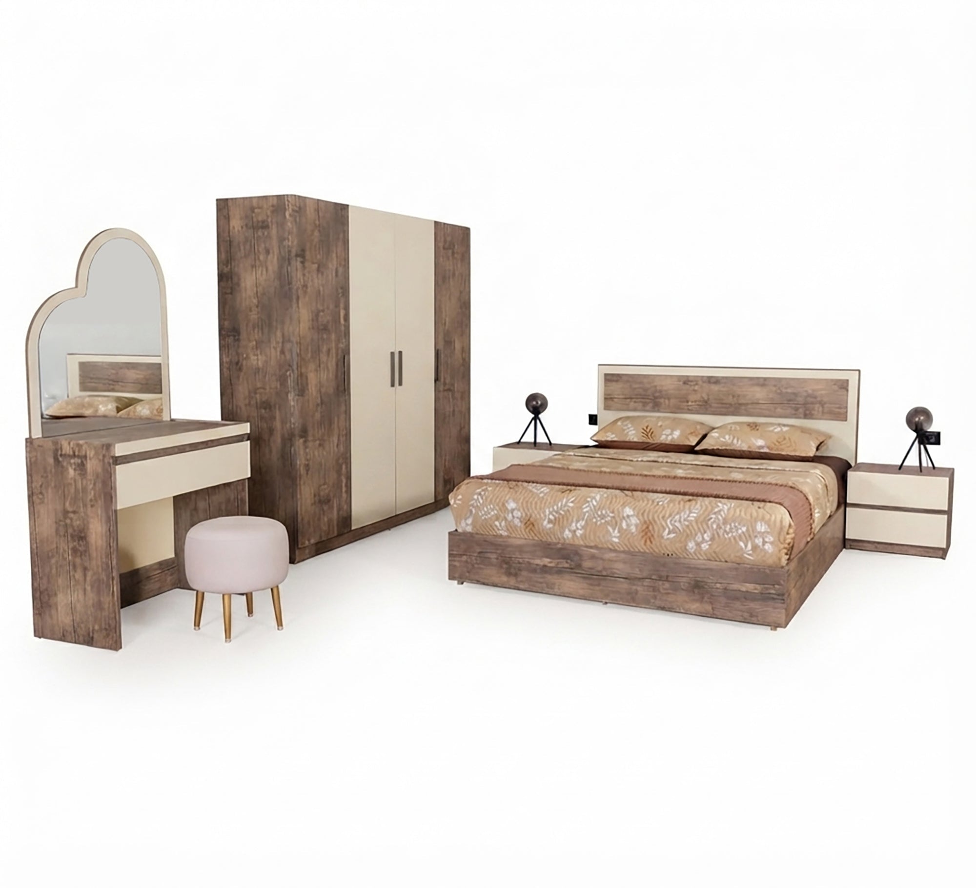 Modern bedroom in beige and wood tones - Vitrine Furniture - Master Bedroom Sets