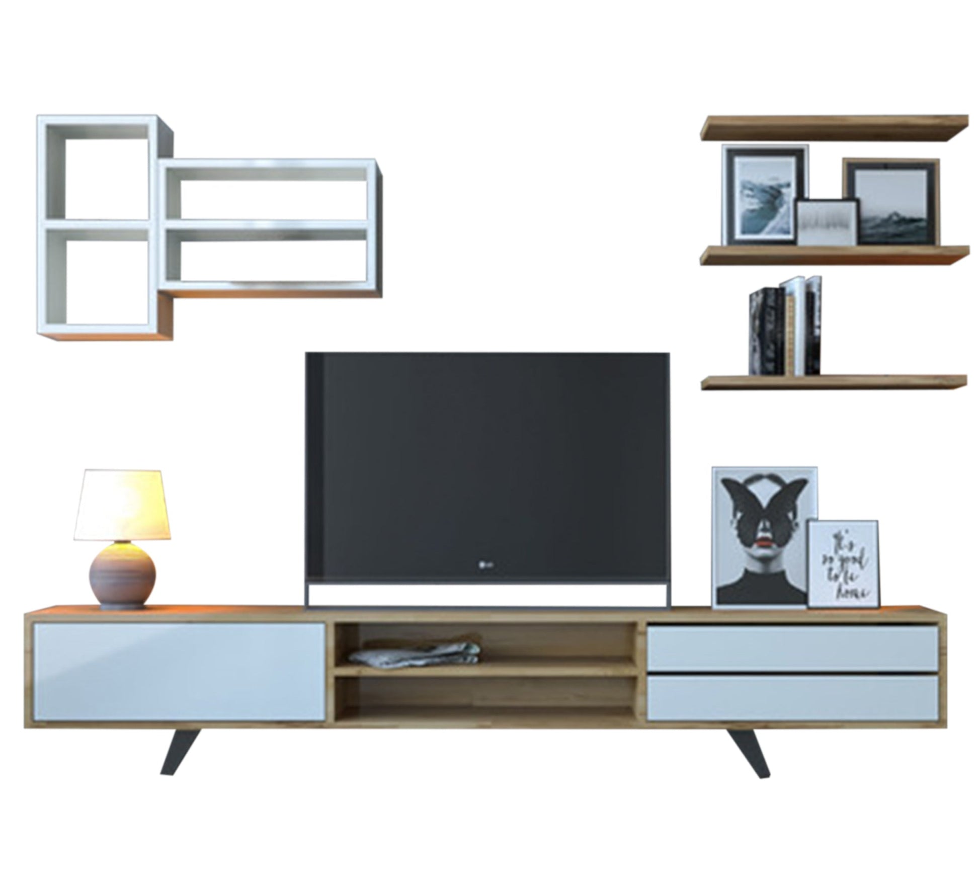 Modern beige and white TV unit with simple open shelves - Vitrine Furniture - Furniture