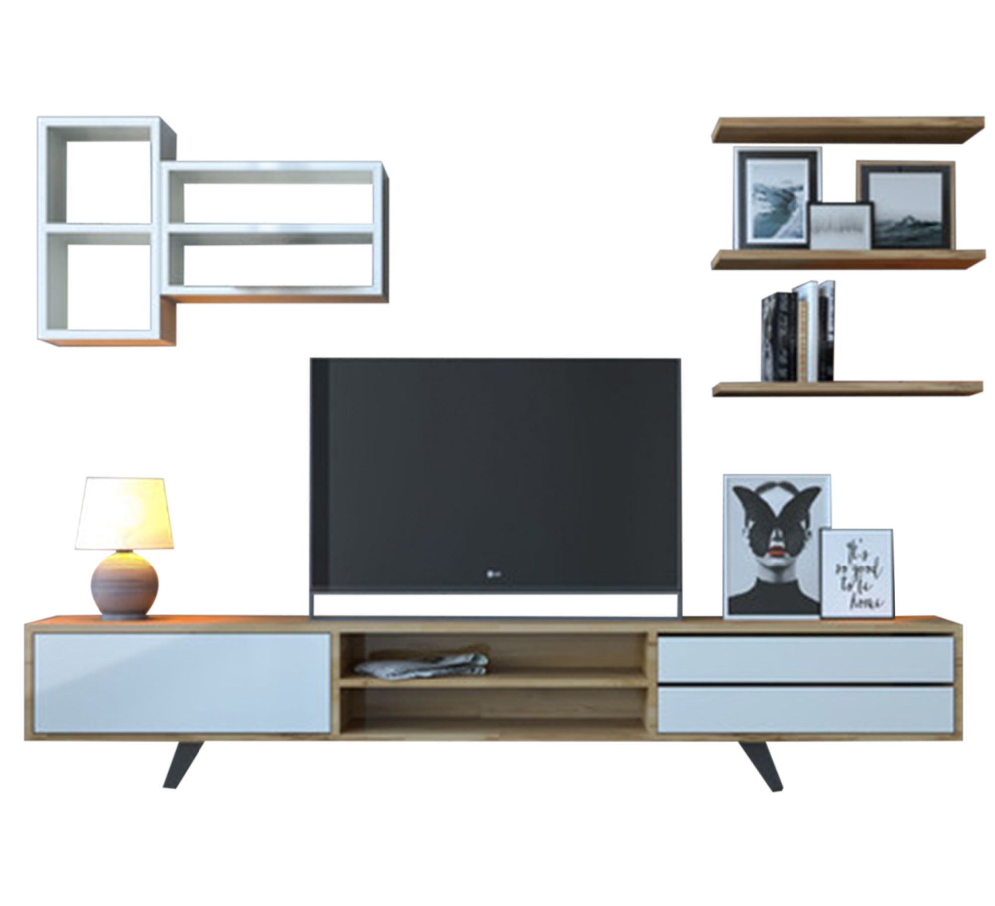 Modern beige and white TV unit with simple open shelves - Vitrine Furniture - Furniture