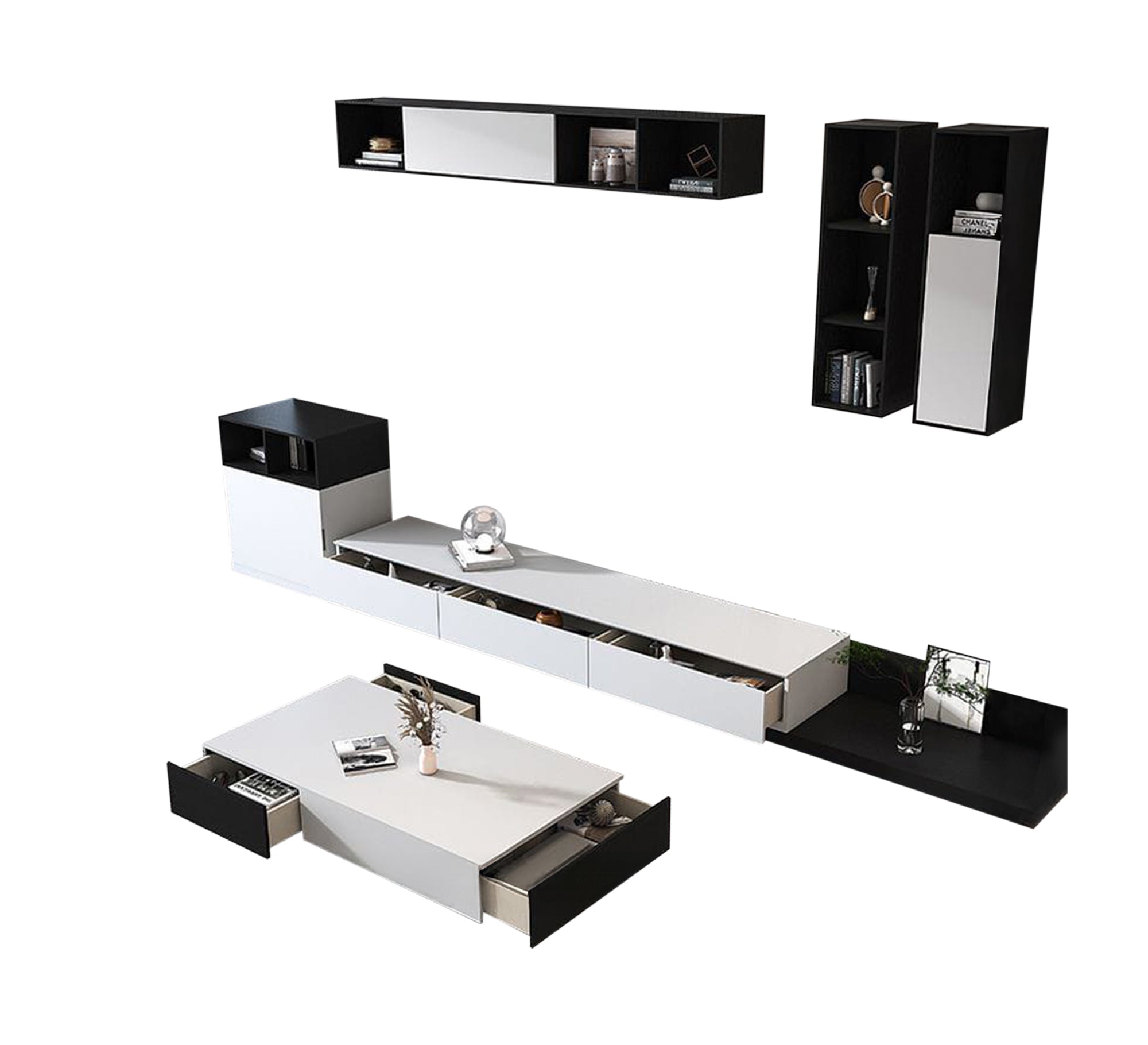 Modern black and white TV organizer and coffee table - Vitrine Furniture - Furniture