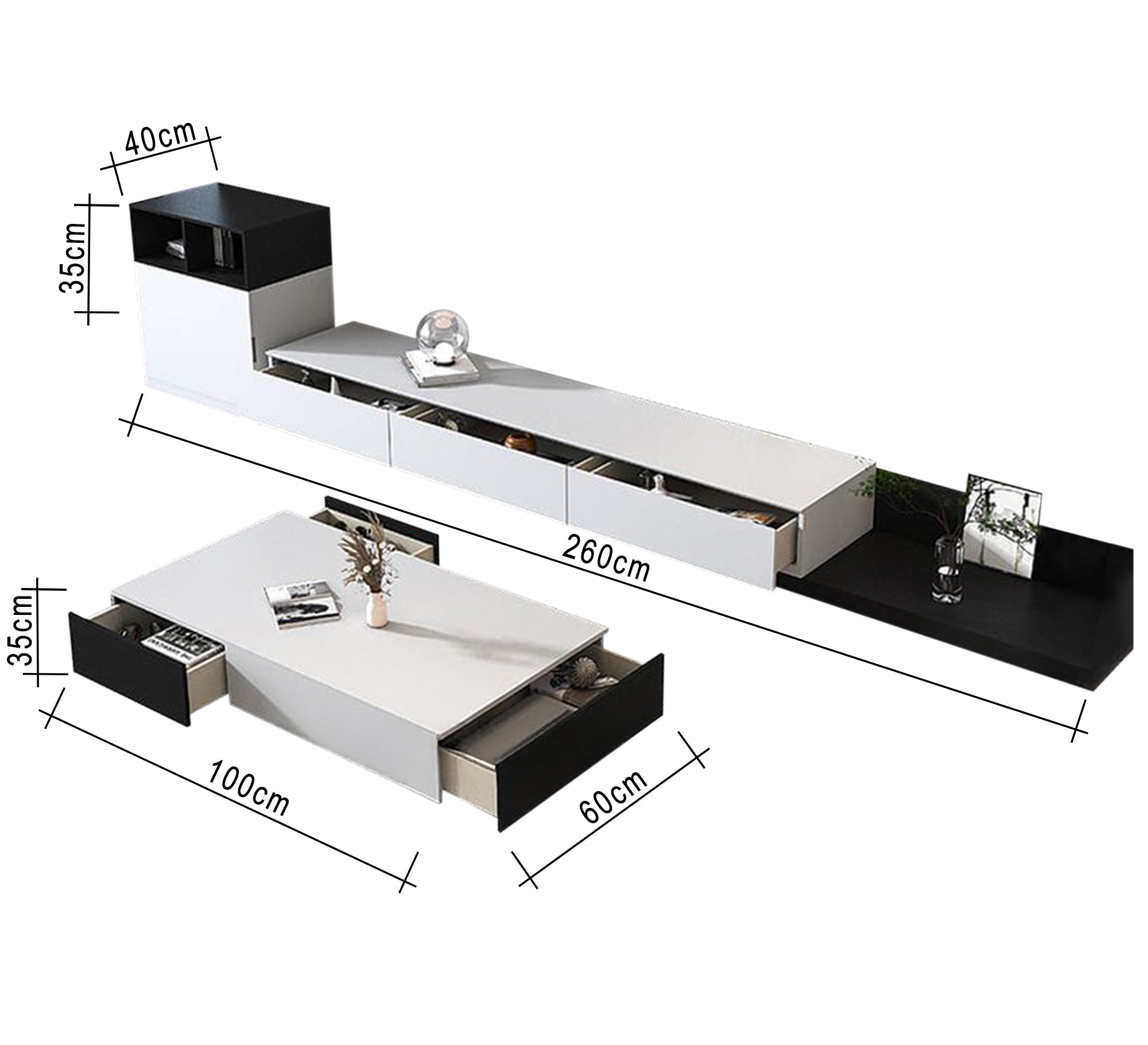 Modern black and white TV organizer and coffee table - Vitrine Furniture - Furniture