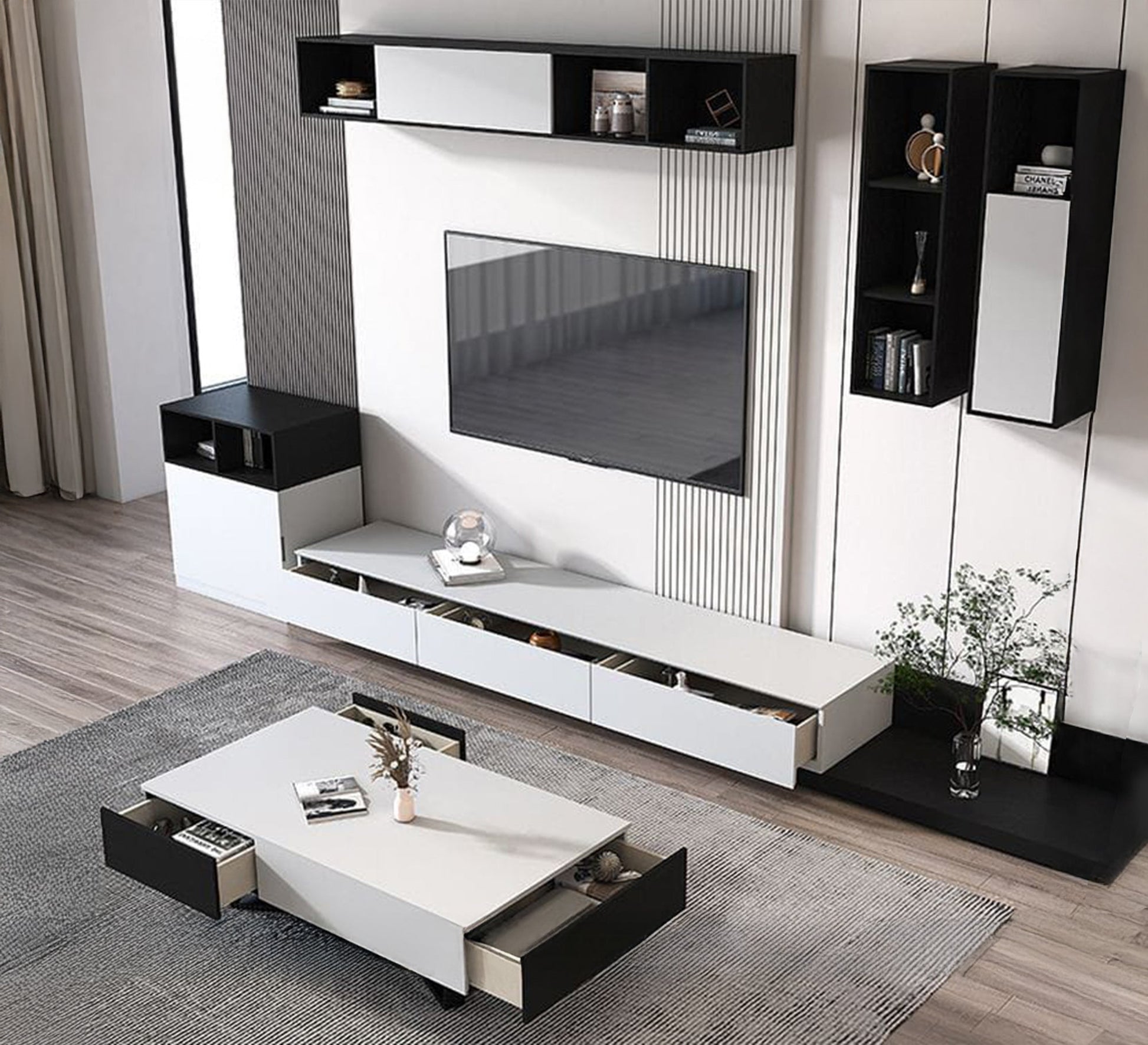 Modern black and white TV organizer and coffee table - Vitrine Furniture - Furniture