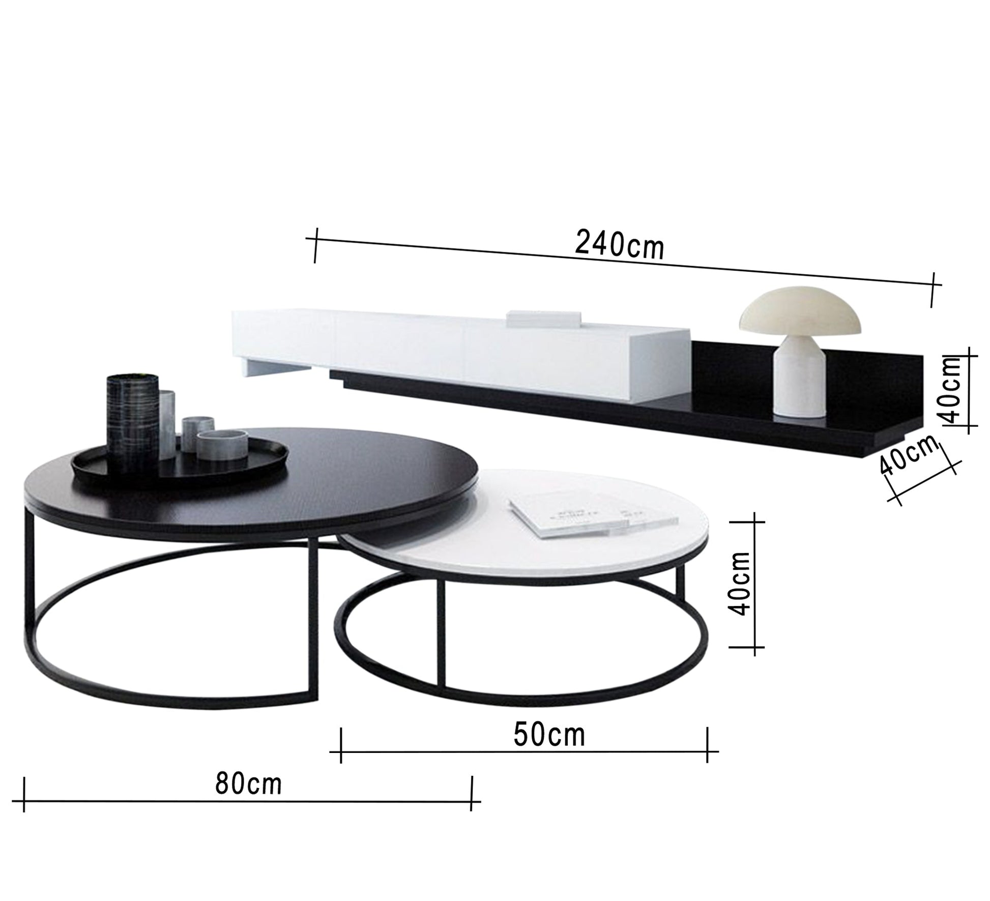 Modern black and white TV unit with circular tables - Vitrine Furniture - Furniture