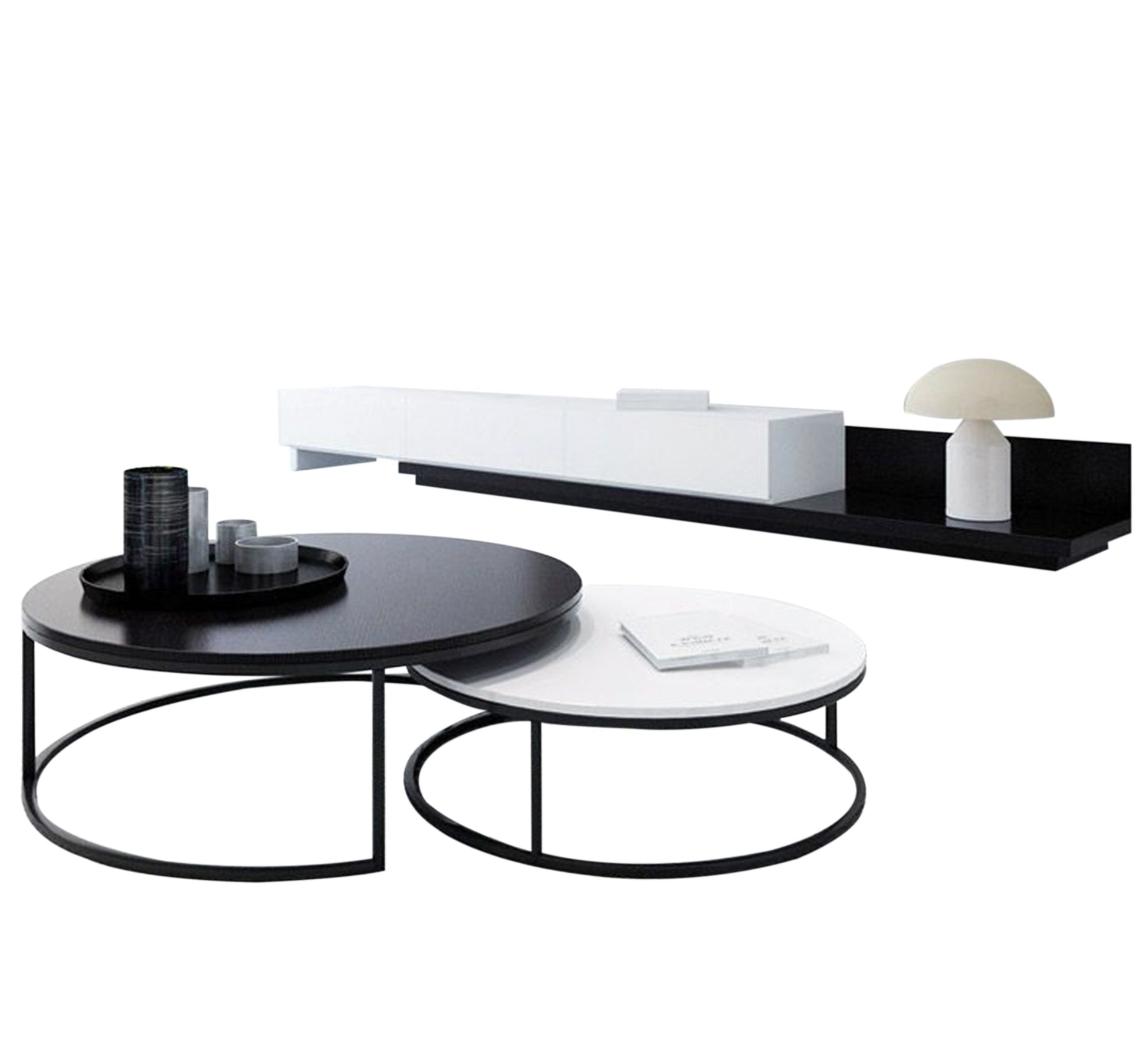 Modern black and white TV unit with circular tables - Vitrine Furniture - Furniture