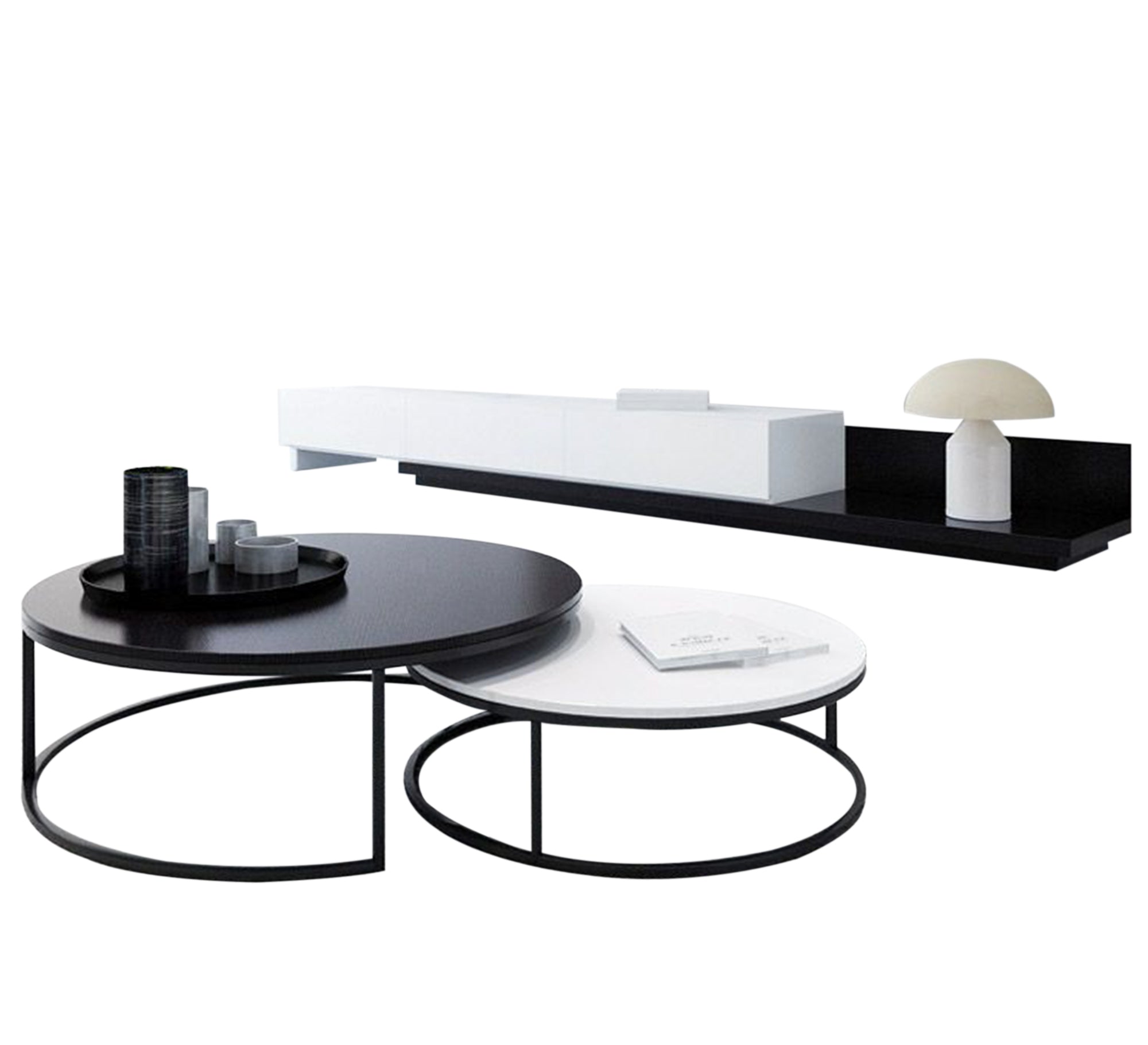 Modern black and white TV unit with circular tables - Vitrine Furniture - Furniture