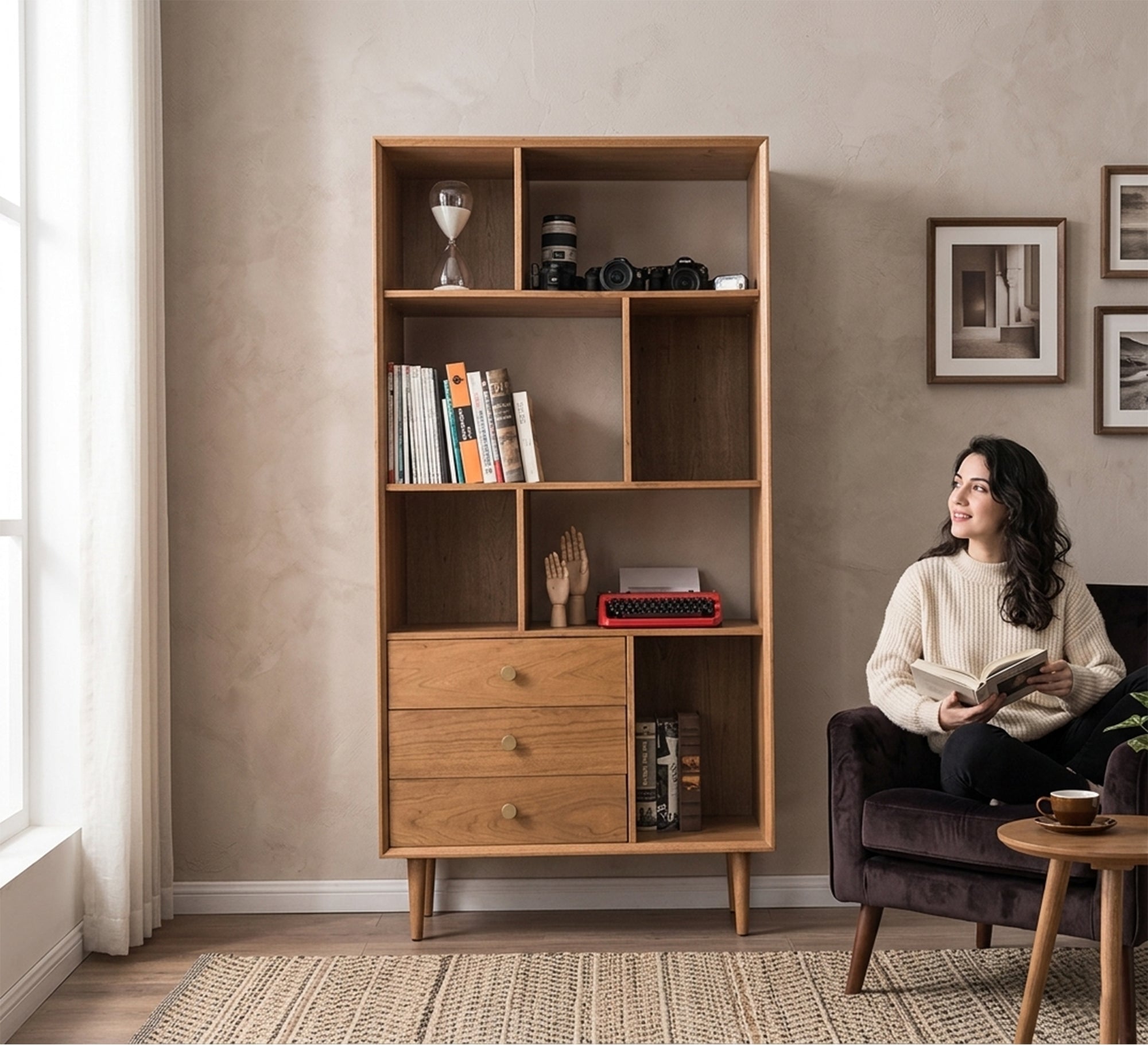 Modern bookcase with raised legs and three storage drawers - Vitrine Furniture - Office Bookcases