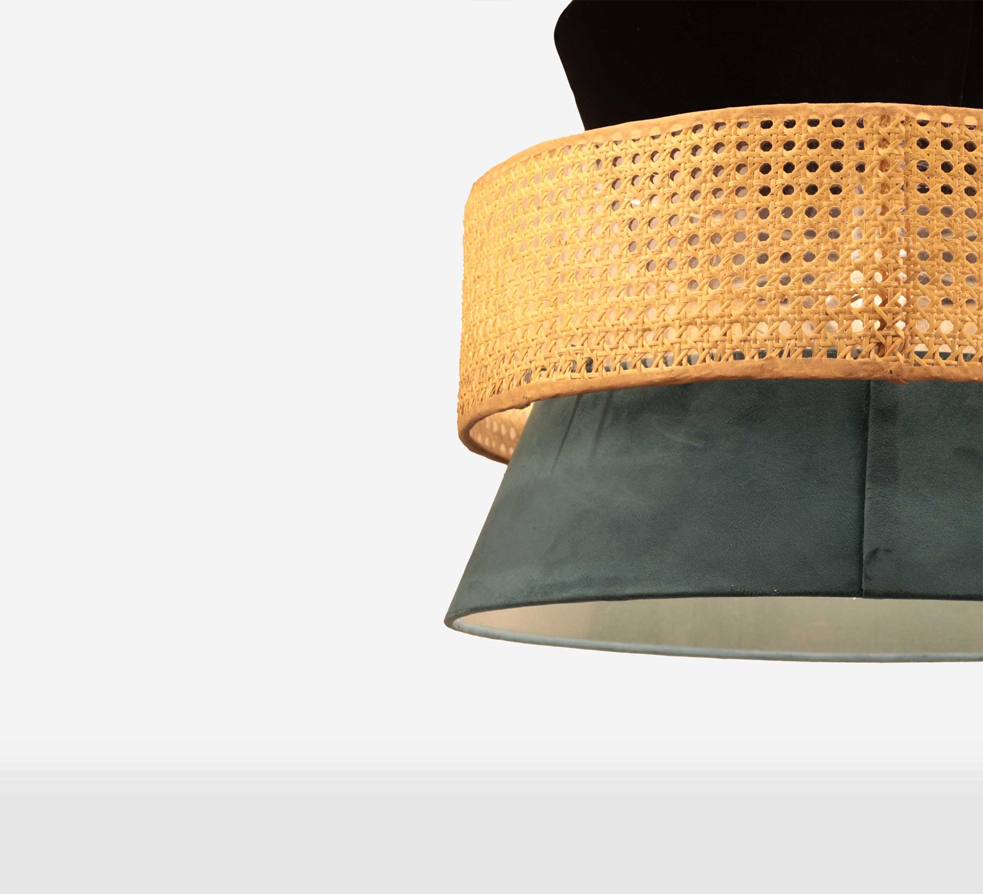 Modern chandelier blending velvet with natural bamboo - Vitrine Furniture - Lighting