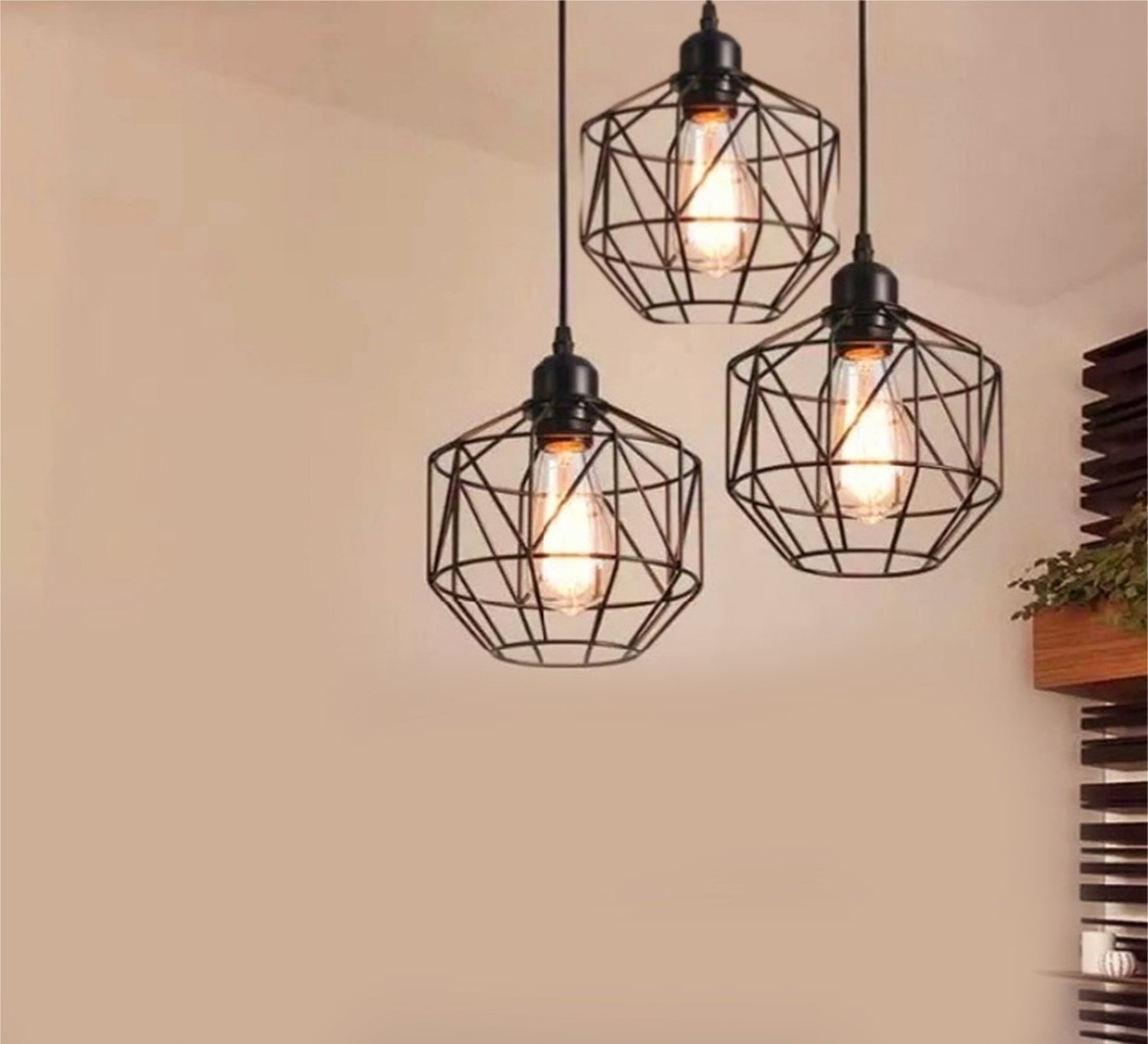 Modern Chandelier with Three Black Metal Cages at Different Heights - Vitrine Furniture - Lighting
