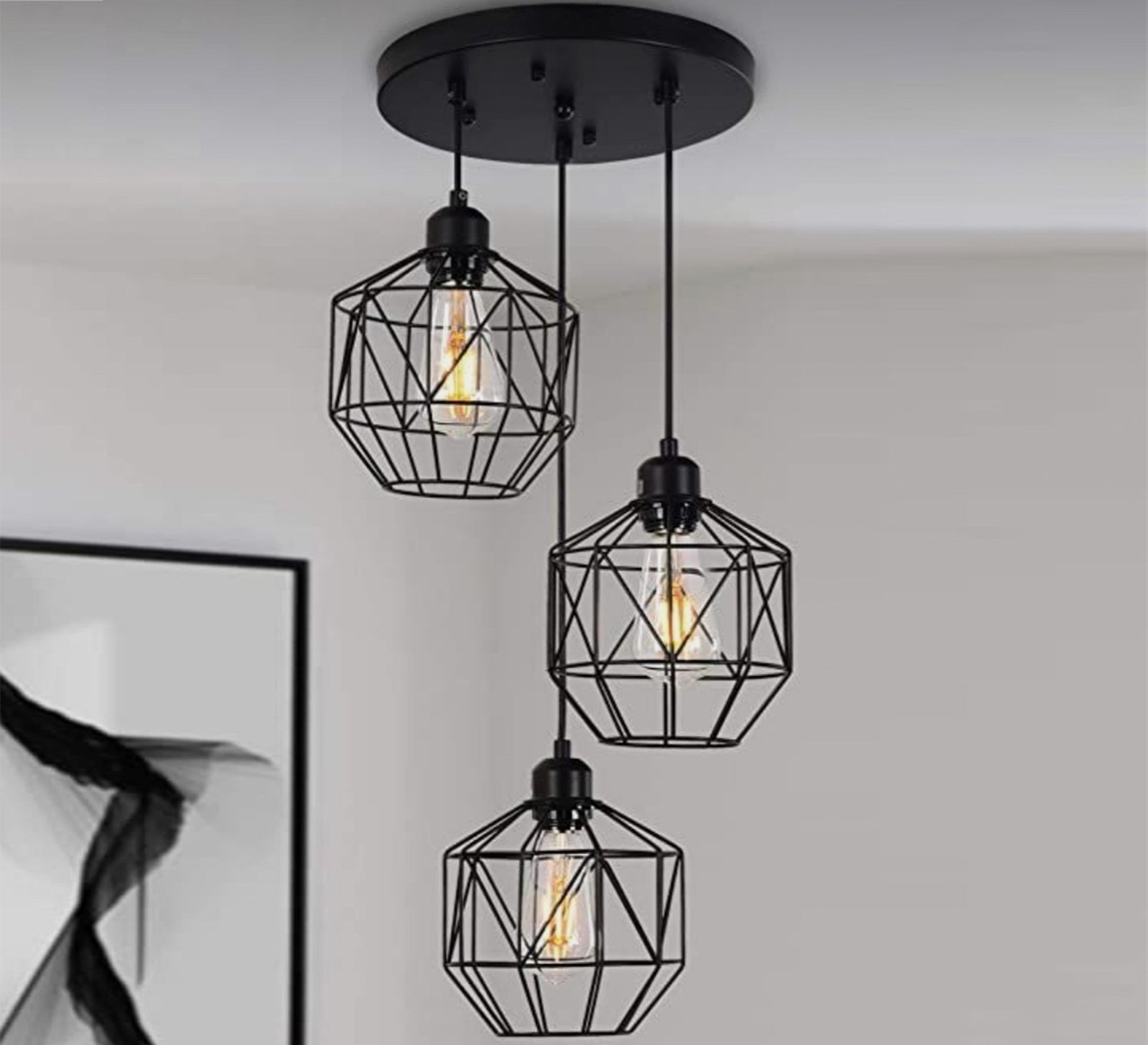 Modern Chandelier with Three Distinct Metal Cages Hanging at Different Heights - Vitrine Furniture - Lighting