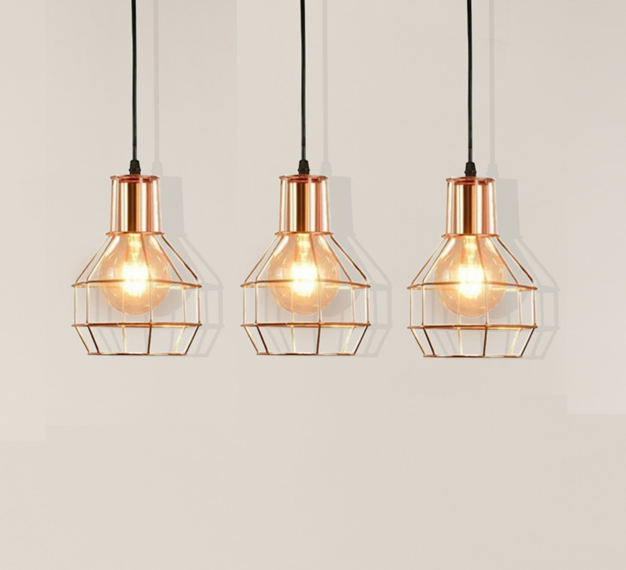 Modern Chandelier with Three Gold Metal Cages Hanging at Equal Heights - Vitrine Furniture - Lighting