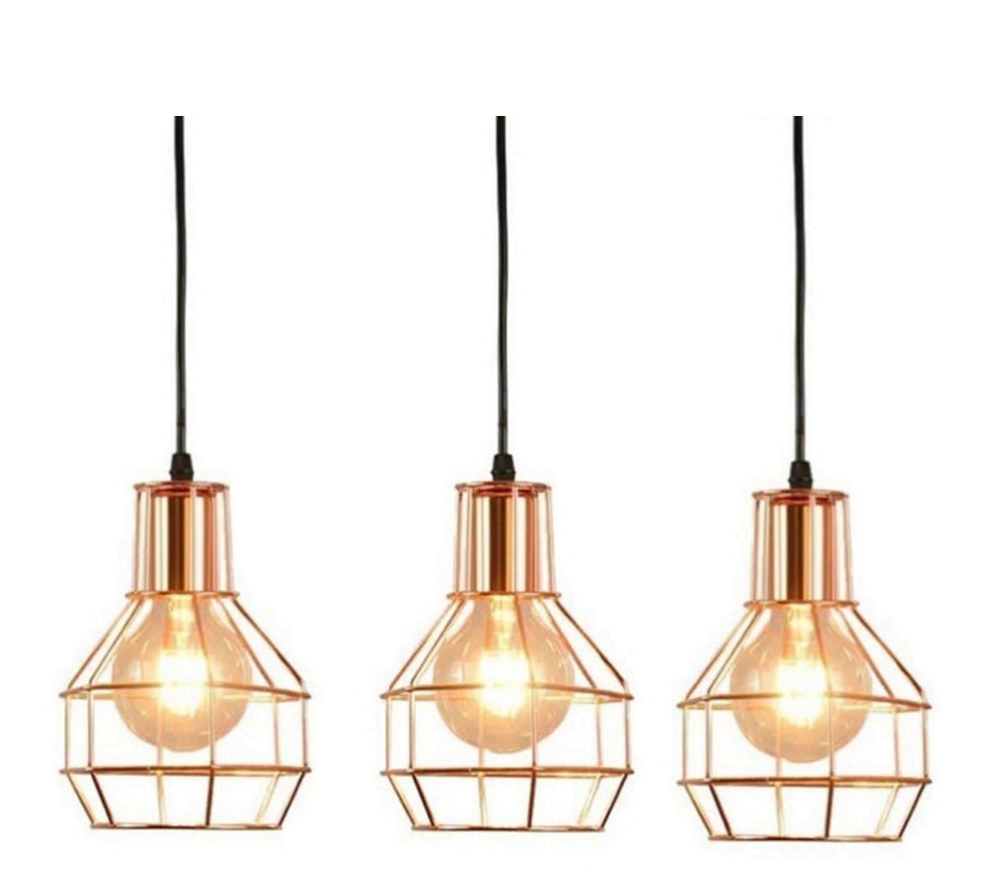 Modern Chandelier with Three Gold Metal Cages Hanging at Equal Heights - Vitrine Furniture - Lighting