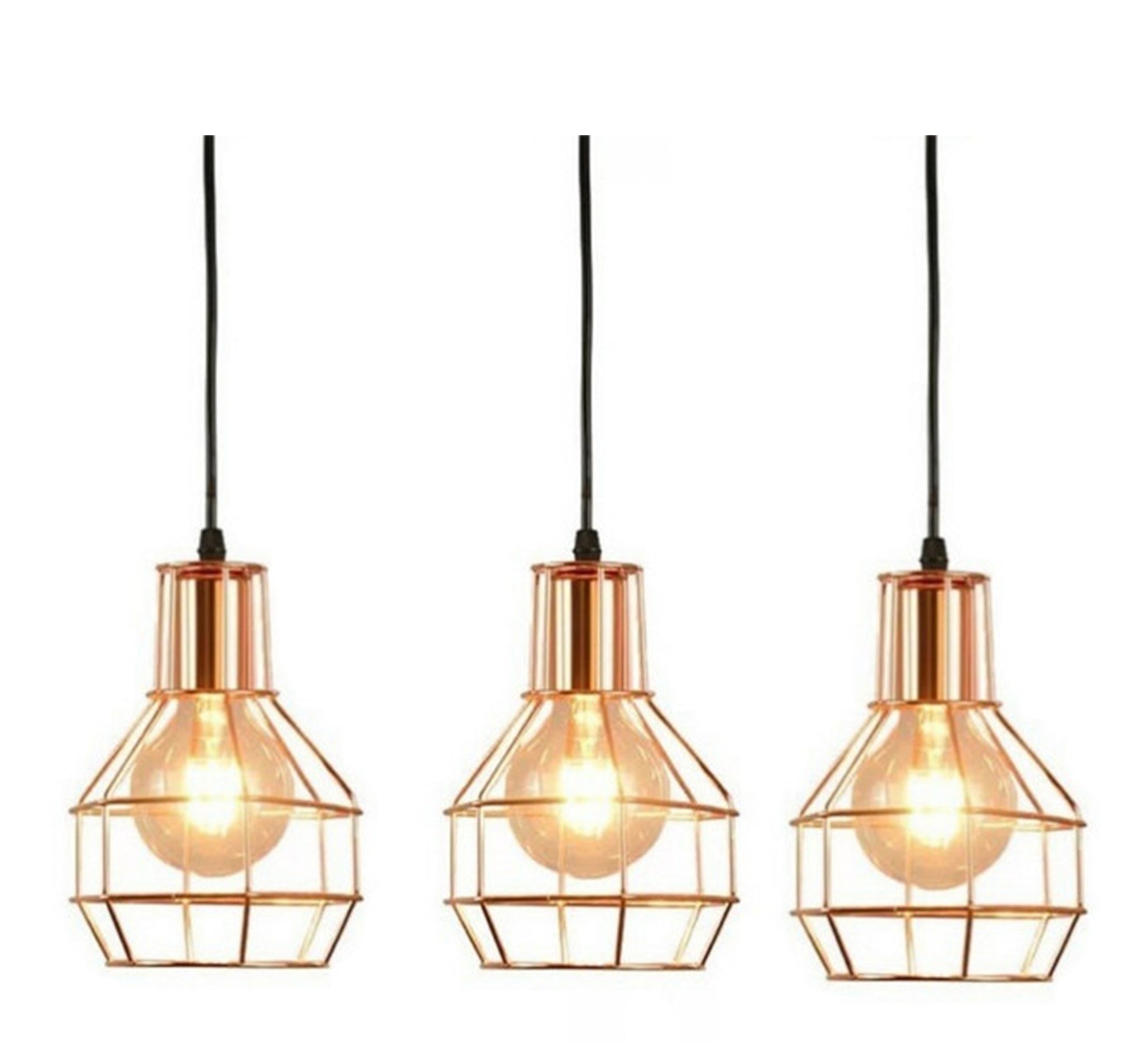Modern Chandelier with Three Gold Metal Cages Hanging at Equal Heights - Vitrine Furniture - Lighting