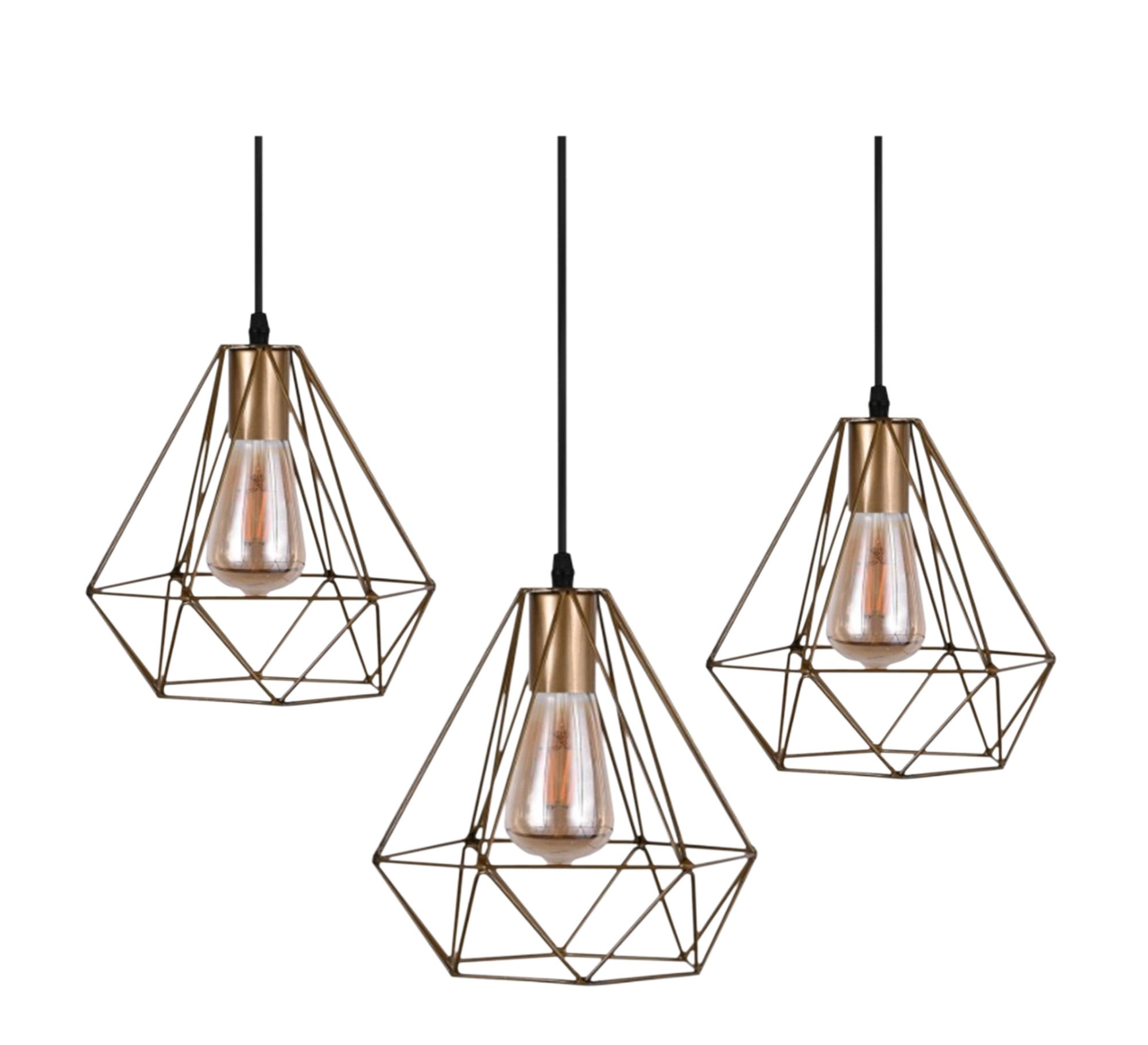 Modern Chandelier with Three Gold Metal Cages - Vitrine Furniture - Lighting