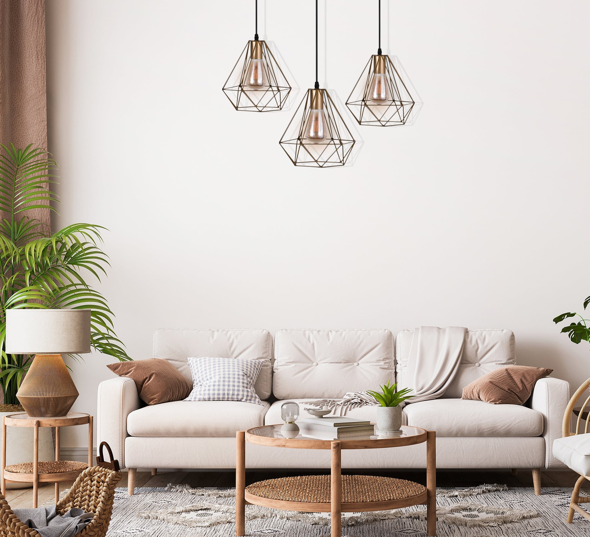 Modern Chandelier with Three Gold Metal Cages - Vitrine Furniture - Lighting