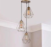 Modern Chandelier with Three Gold Metal Conical Cages Hanging at Different Heights - Vitrine Furniture - Lighting
