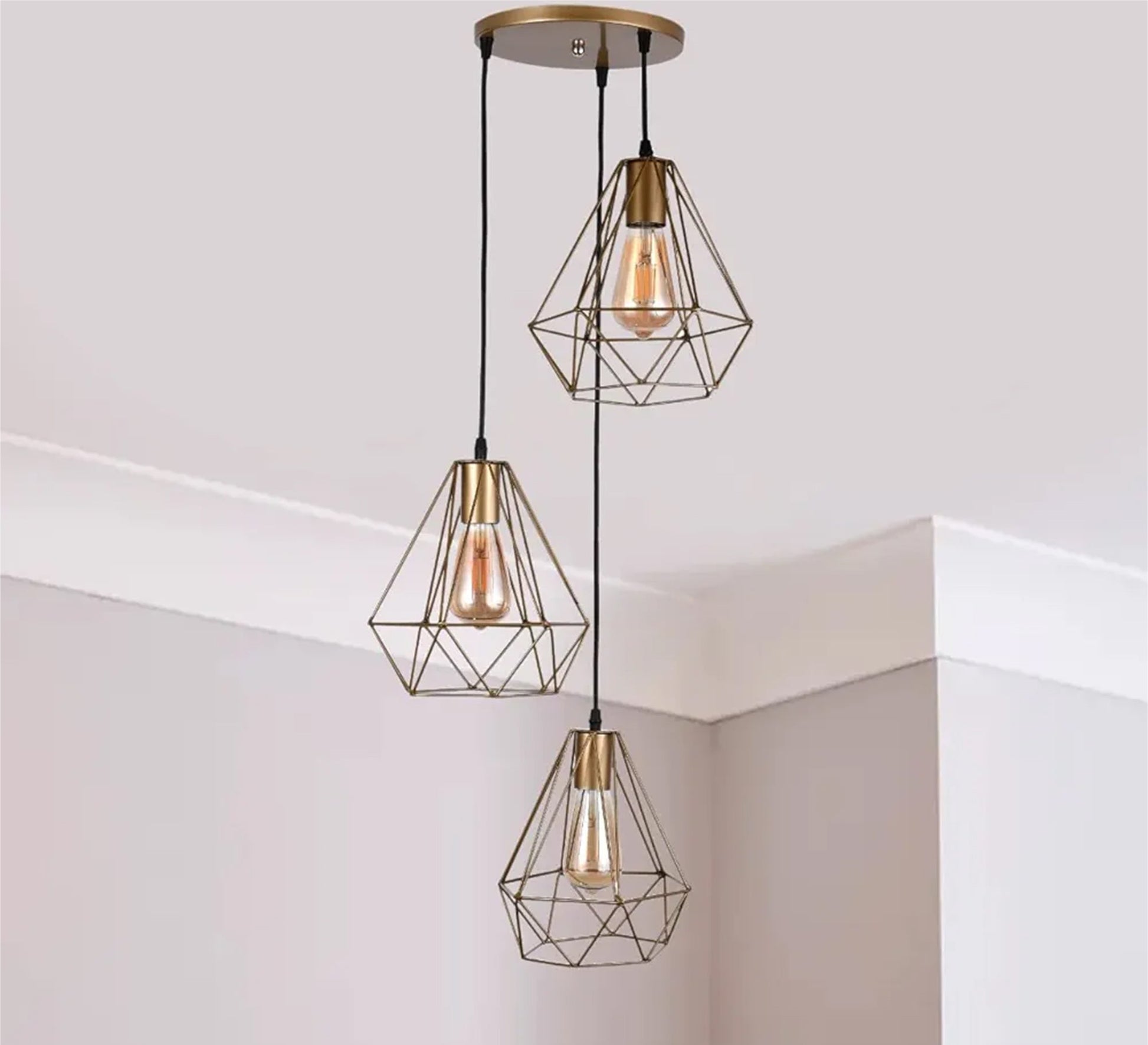 Modern Chandelier with Three Gold Metal Conical Cages Hanging at Different Heights - Vitrine Furniture - Lighting