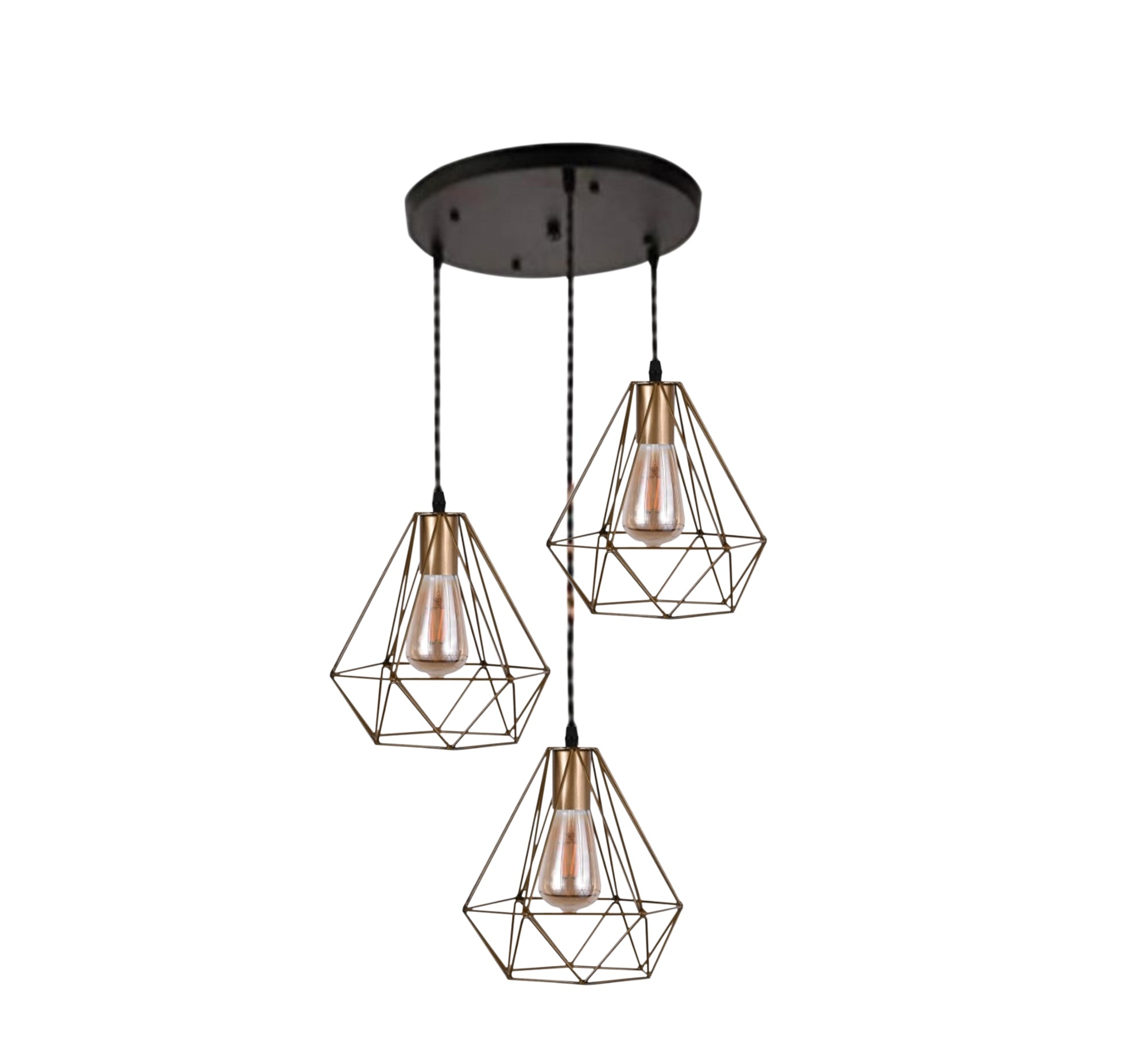 Modern Chandelier with Three Gold Metal Conical Cages Hanging at Different Heights - Vitrine Furniture - Lighting