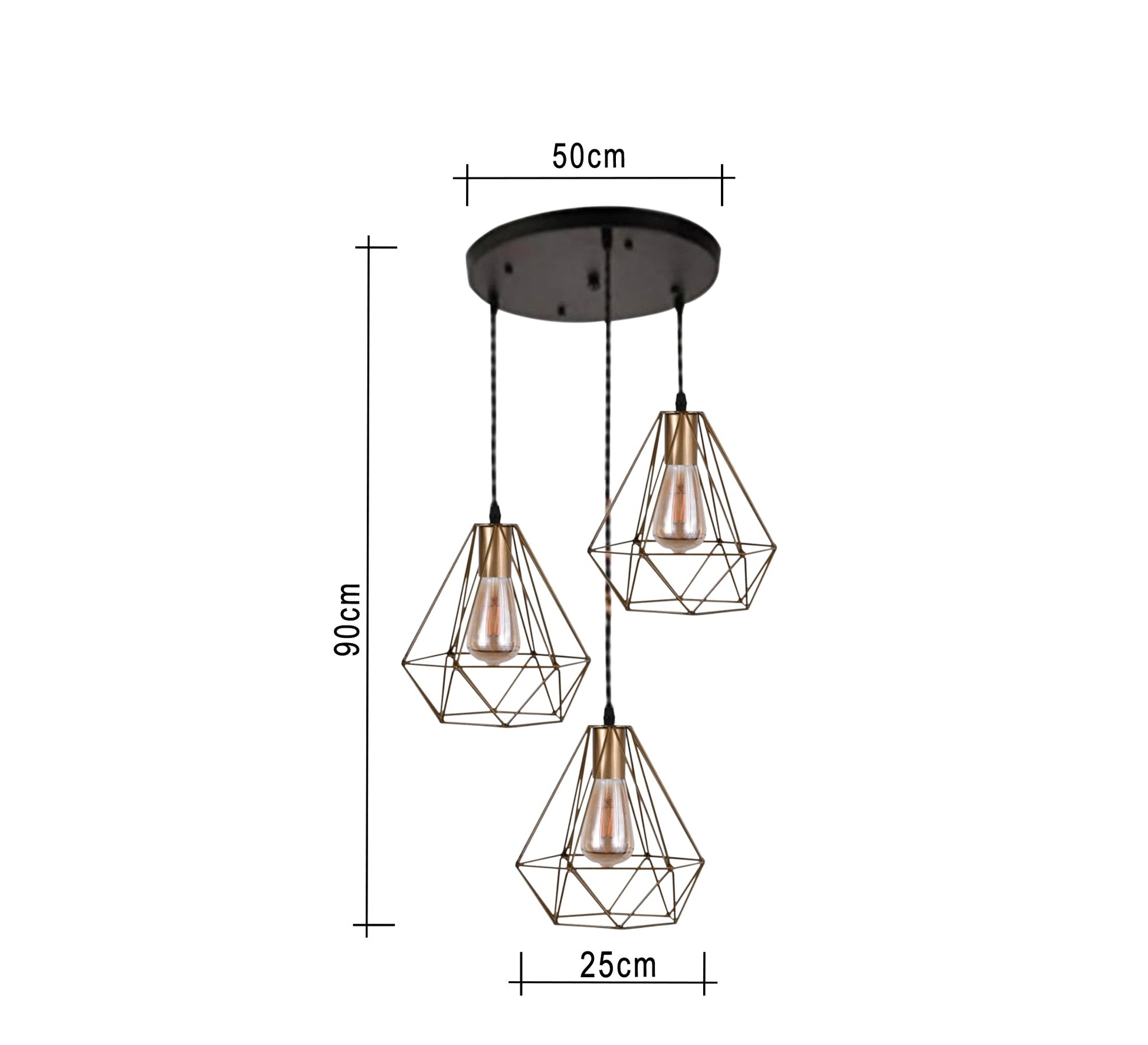 Modern Chandelier with Three Gold Metal Conical Cages Hanging at Different Heights - Vitrine Furniture - Lighting