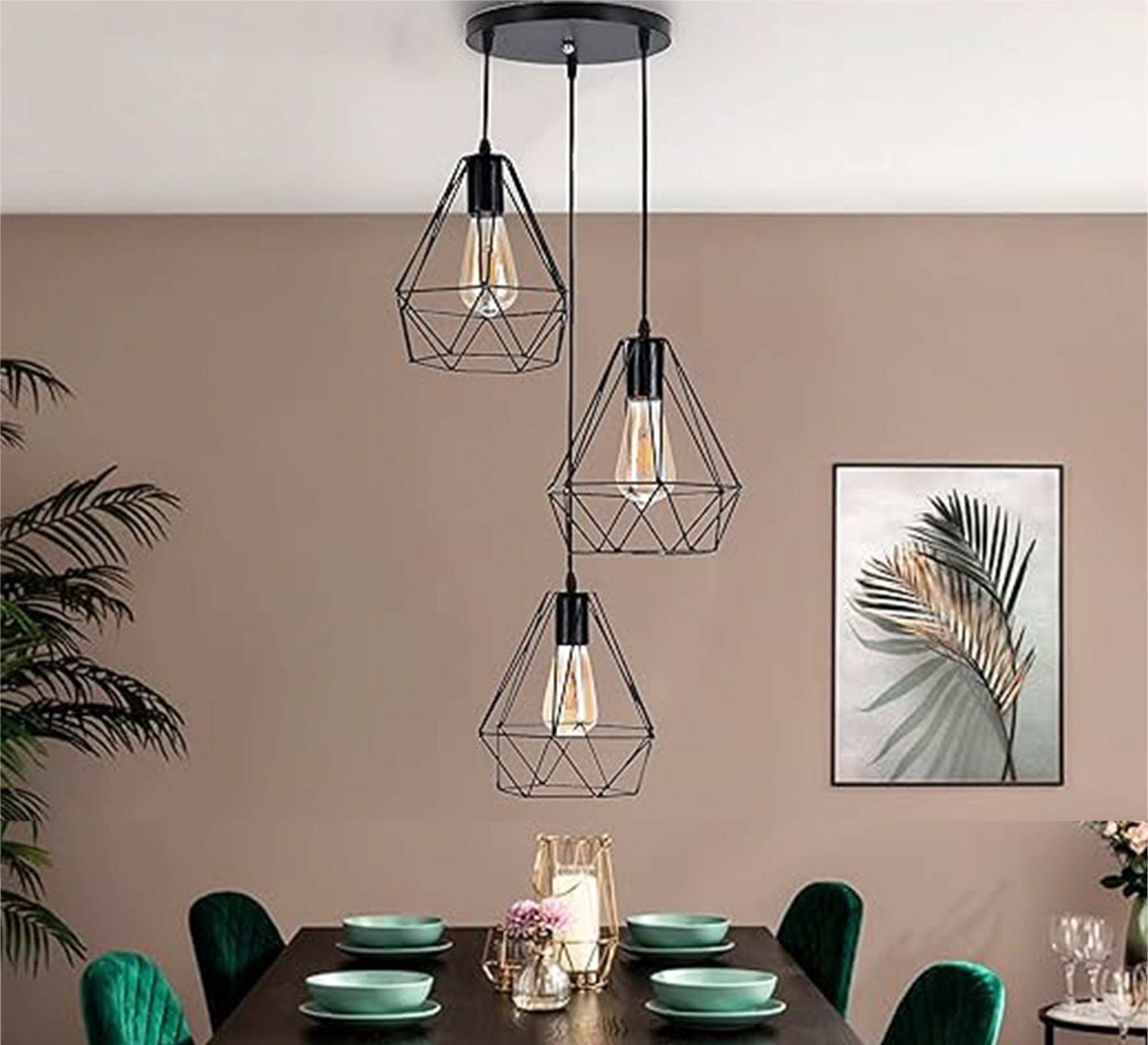 Modern Chandelier with Three Metal Cages Hanging at Different Heights - Vitrine Furniture - Lighting