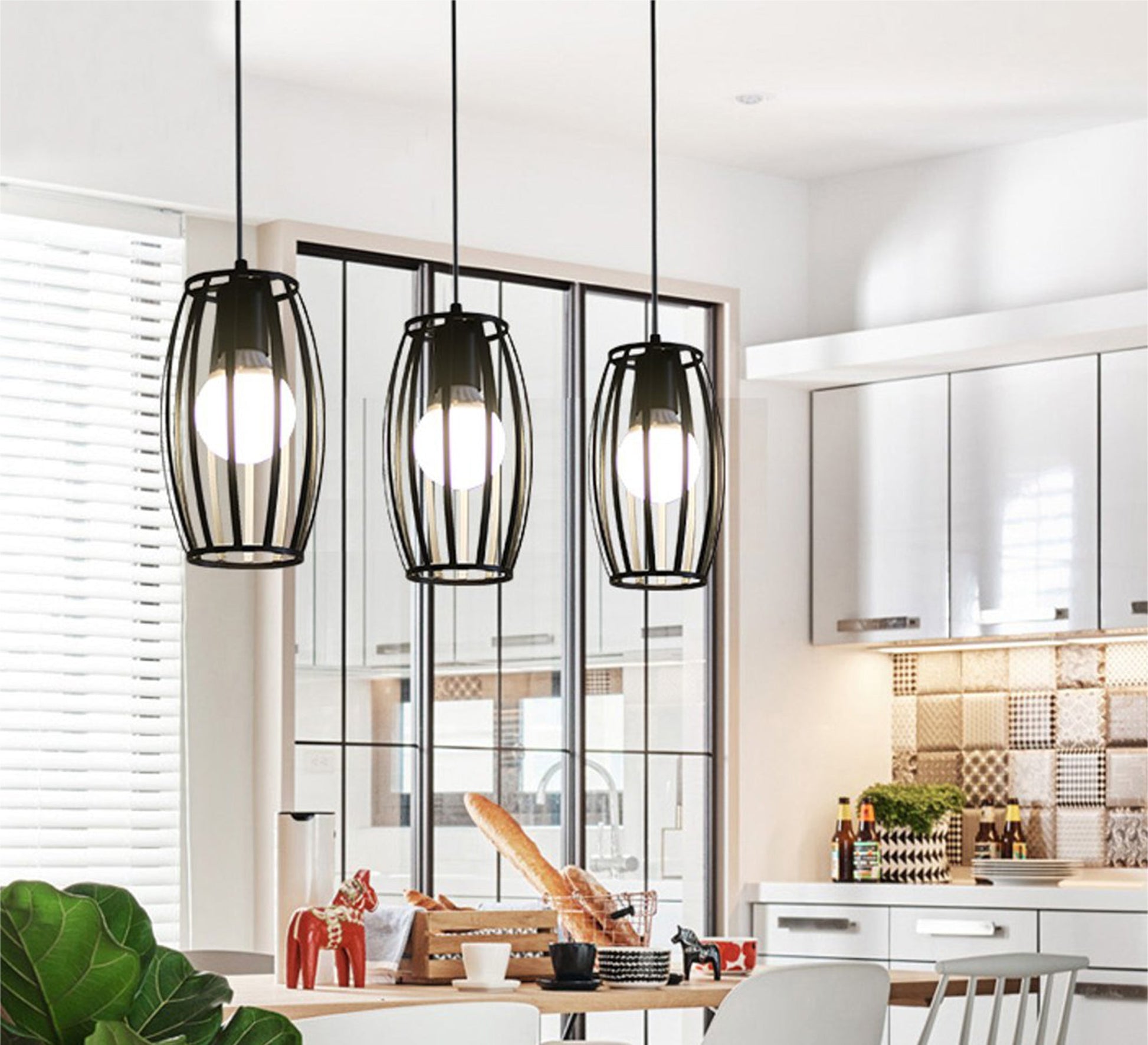 Modern Chandelier with Three Oval Cages Hanging at Different Heights - Vitrine Furniture - Lighting