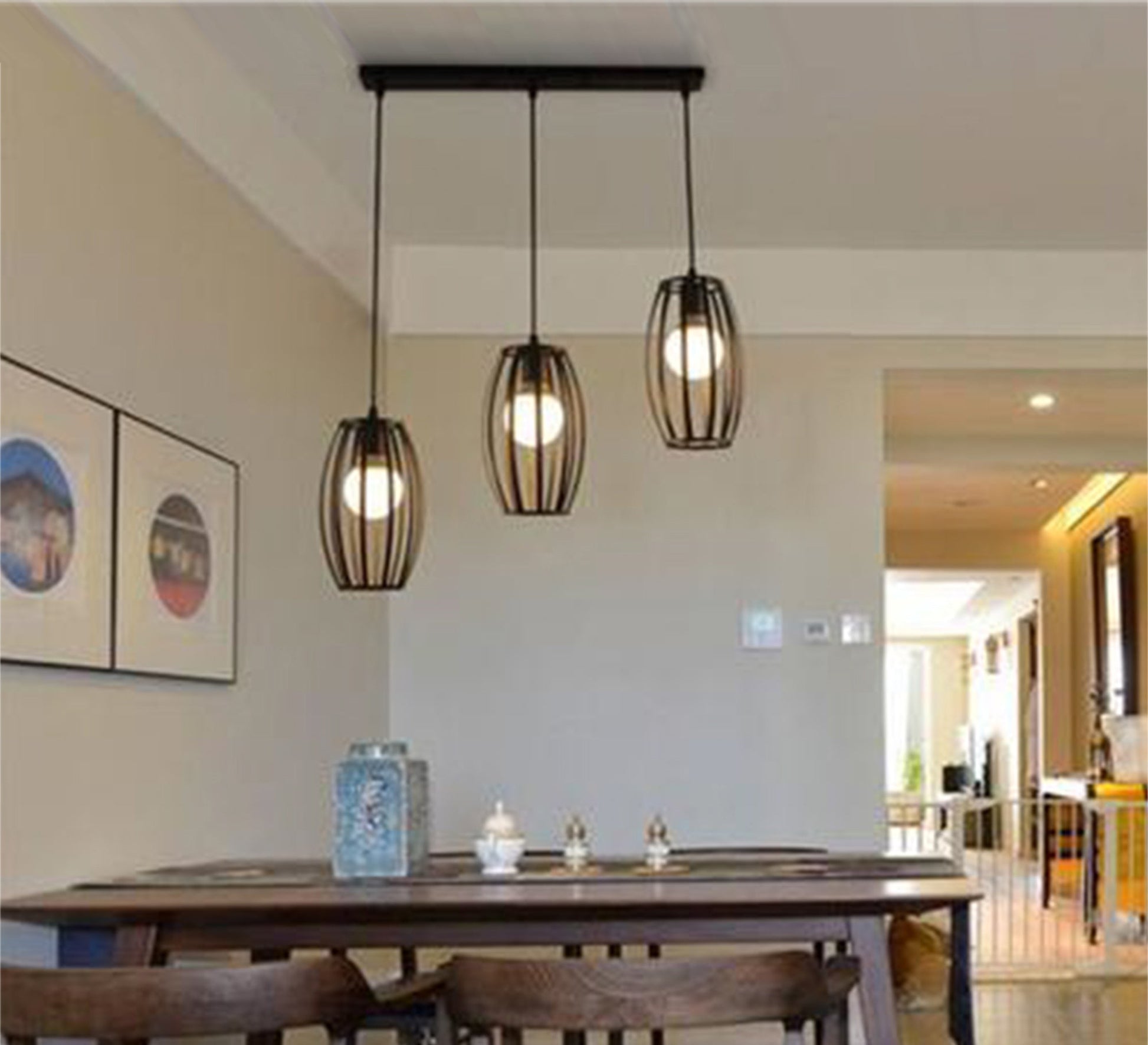 Modern Chandelier with Three Oval Cages Hanging at Different Heights - Vitrine Furniture - Lighting