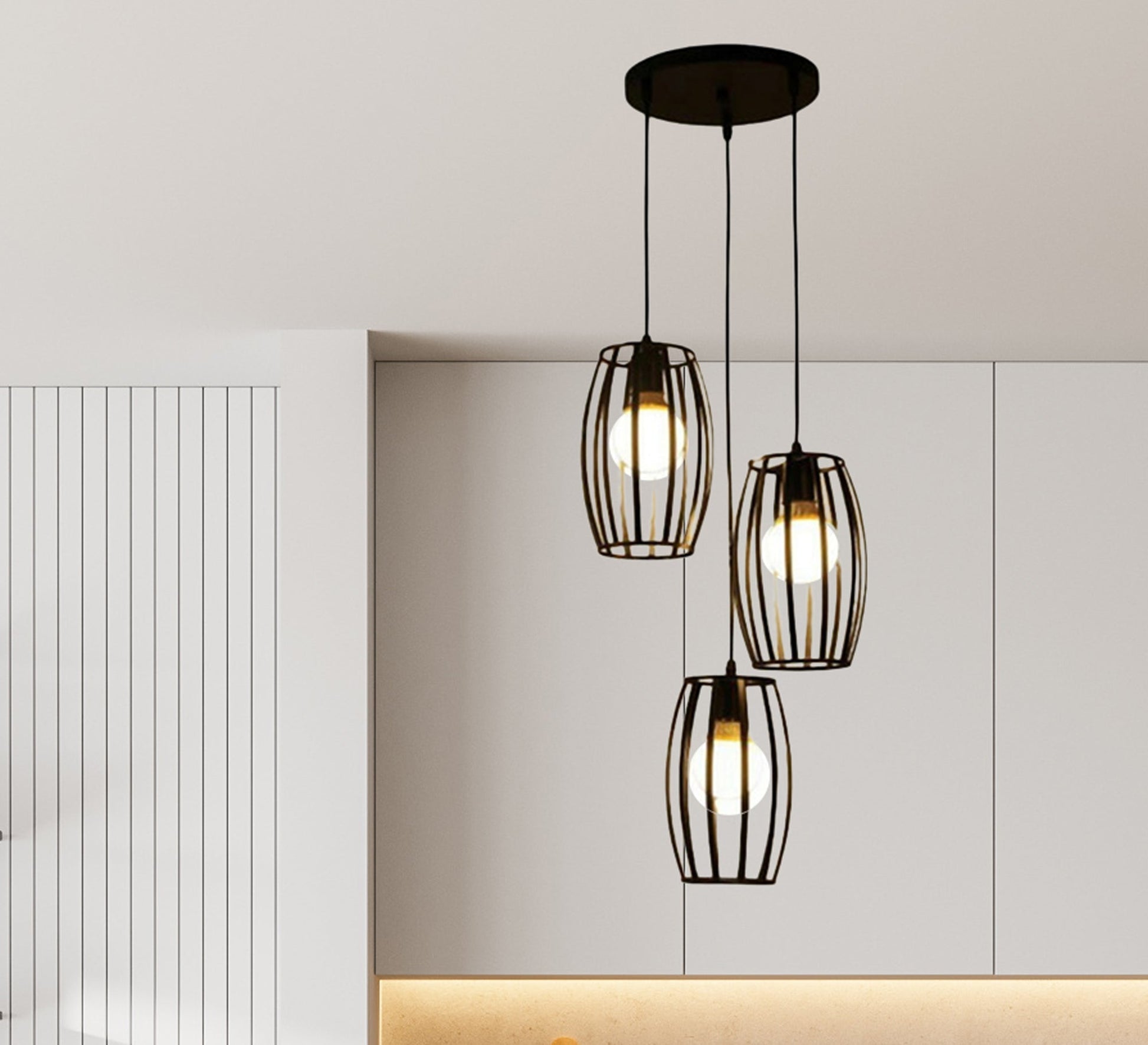 Modern Chandelier with Three Oval Metal Cages Hanging at Different Heights - Vitrine Furniture - Lighting