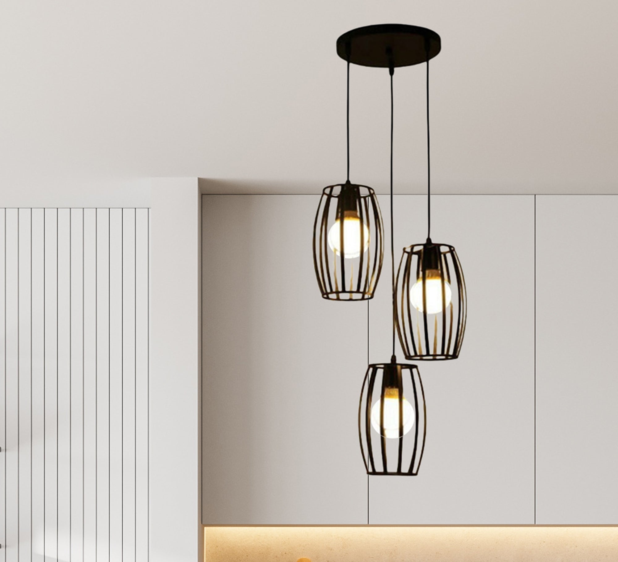 Modern Chandelier with Three Oval Metal Cages Hanging at Different Heights - Vitrine Furniture - Lighting