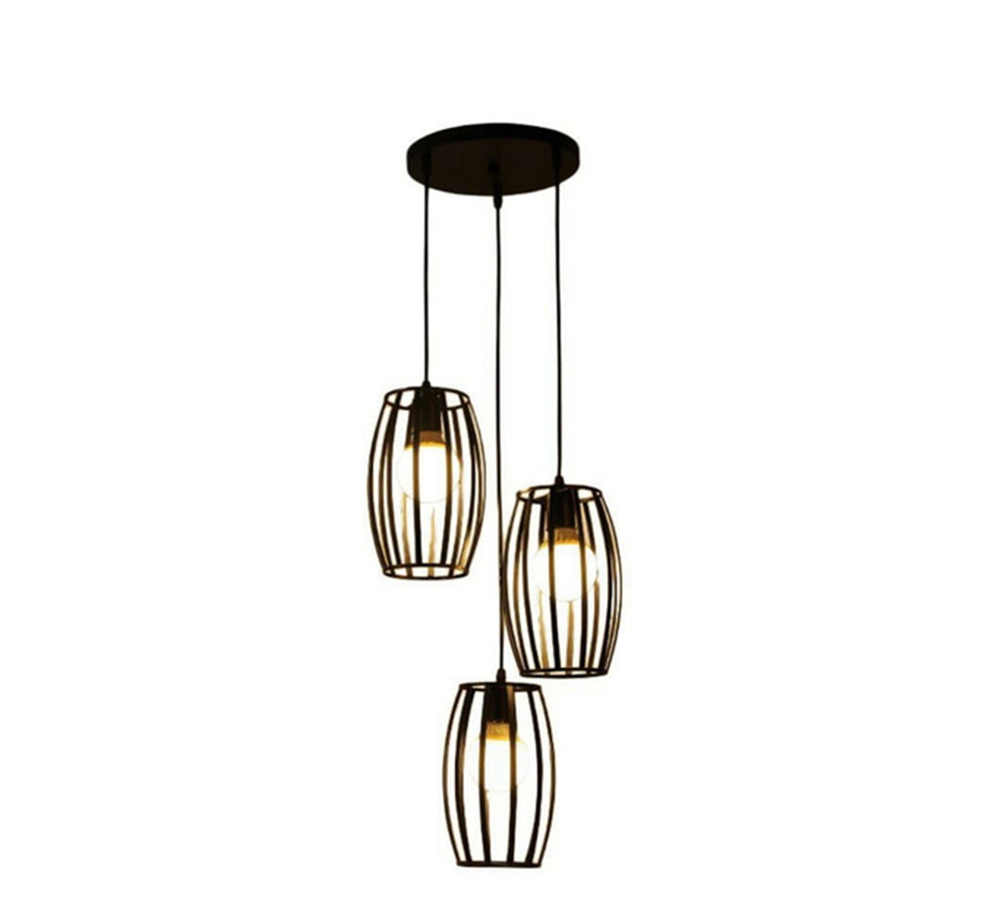 Modern Chandelier with Three Oval Metal Cages Hanging at Different Heights - Vitrine Furniture - Lighting