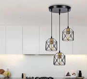 Modern Chandelier with Three Square Metal Cages Hanging at Different Heights - Vitrine Furniture - Lighting