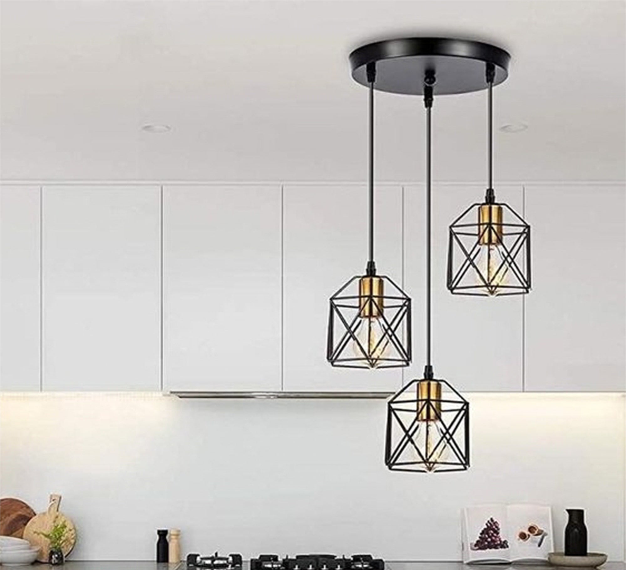 Modern Chandelier with Three Square Metal Cages Hanging at Different Heights - Vitrine Furniture - Lighting