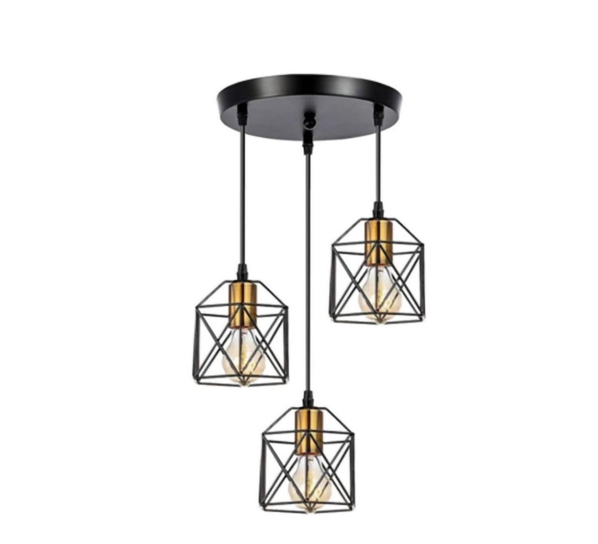 Modern Chandelier with Three Square Metal Cages Hanging at Different Heights - Vitrine Furniture - Lighting