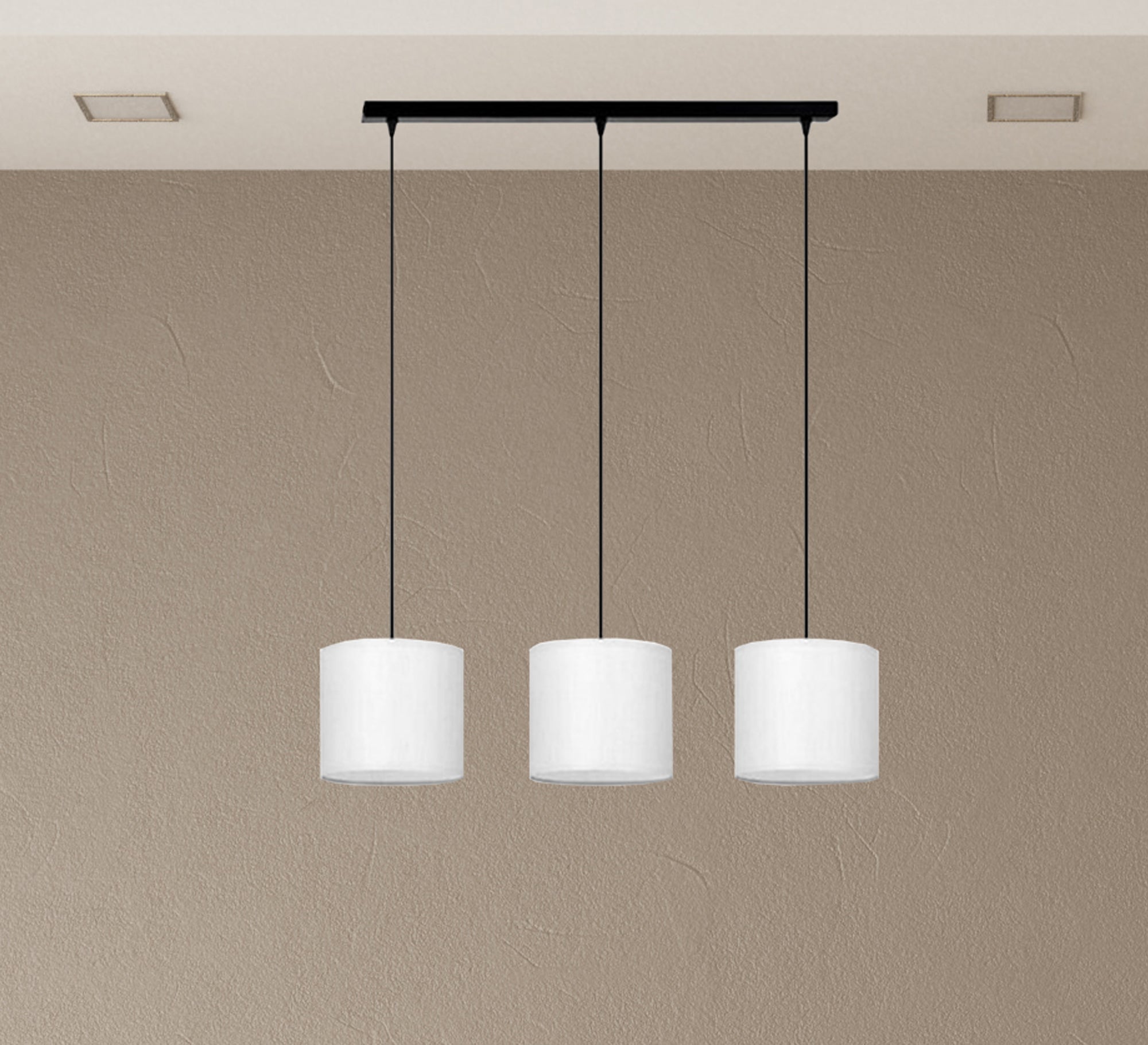 Modern Chandelier with Three White Cylinders at Equal Heights - Vitrine Furniture - Lighting