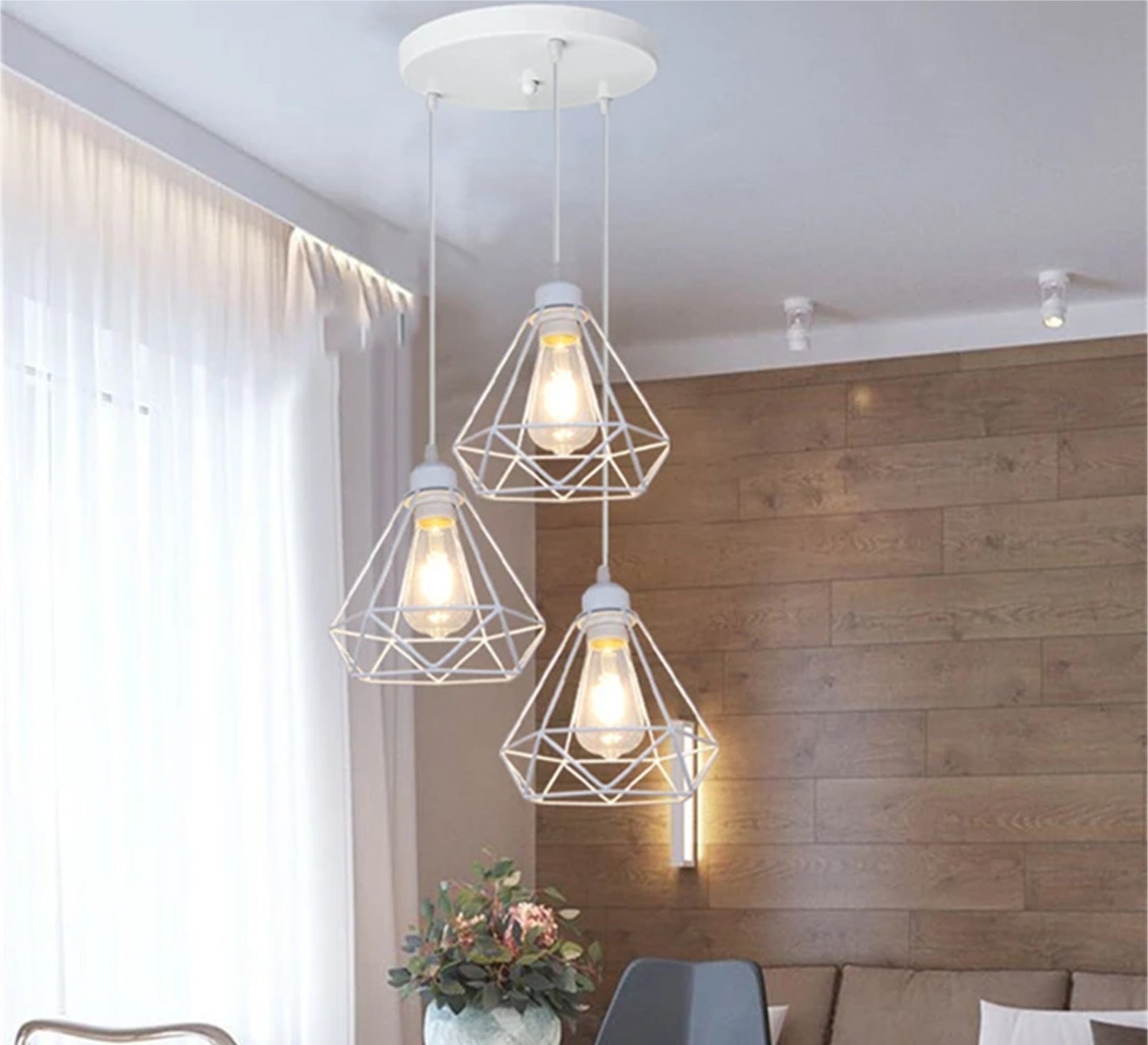 Modern Chandelier with Three White Metal Cages Hanging at Different Heights - Vitrine Furniture - Lighting
