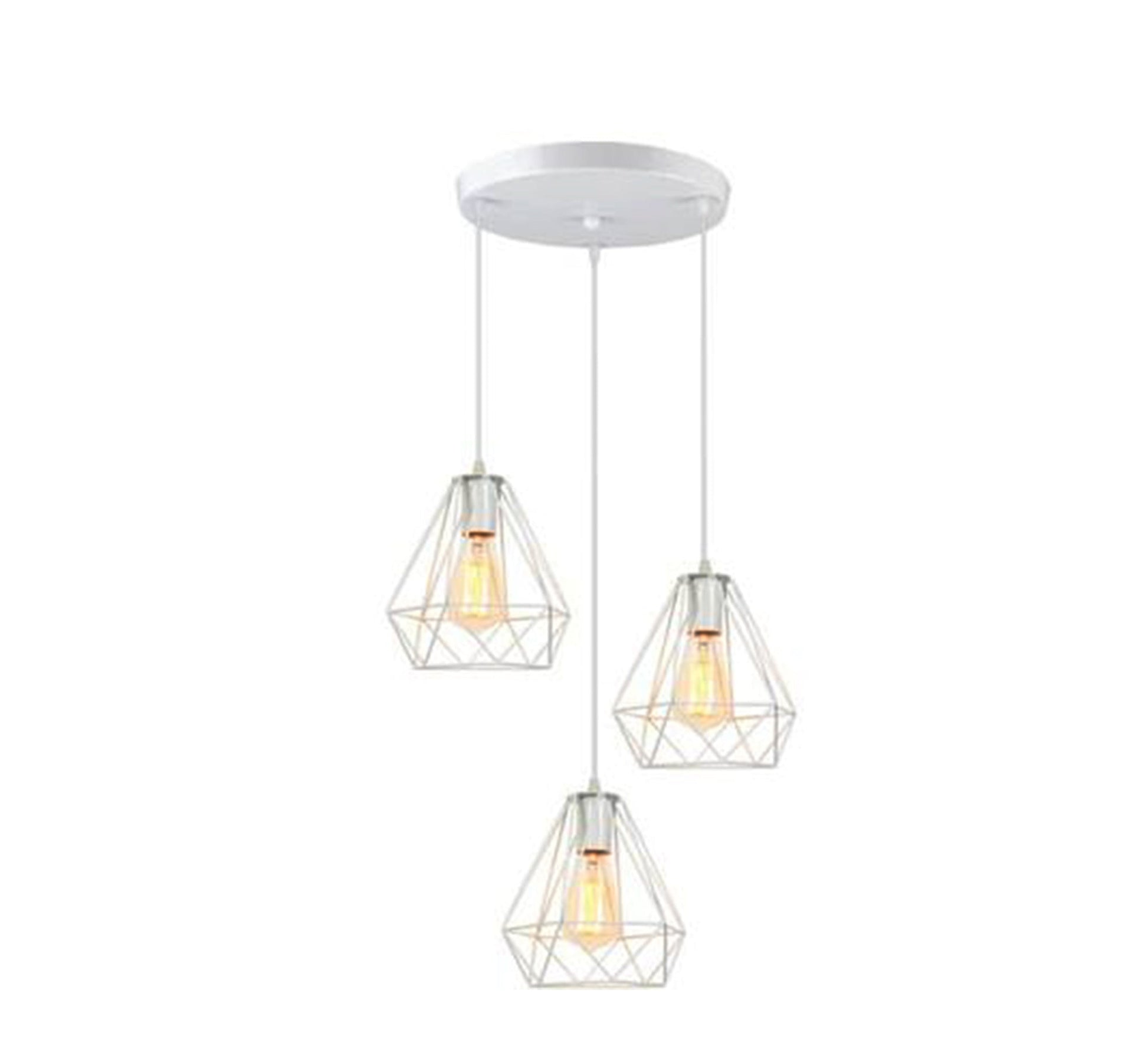 Modern Chandelier with Three White Metal Cages Hanging at Different Heights - Vitrine Furniture - Lighting