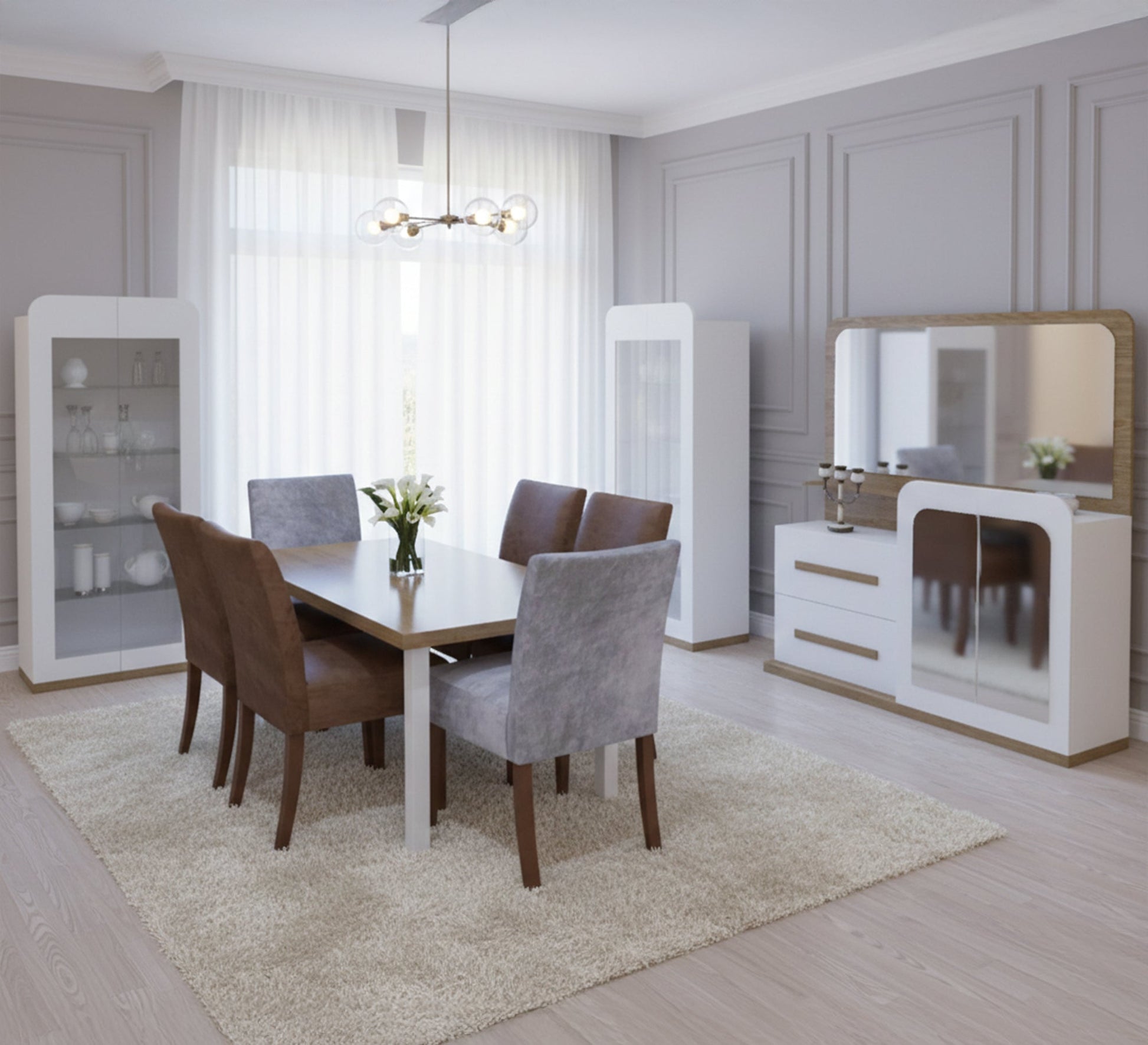 Modern dining room in gray and brown colors - Vitrine Furniture - Sets