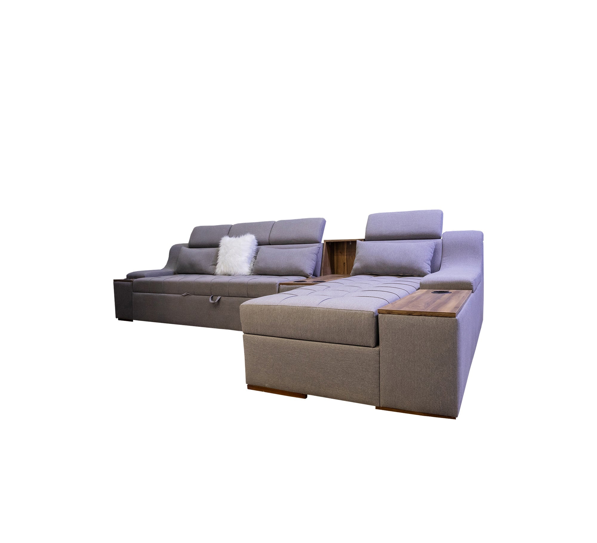 Modern Grey Corner with Built - In Wood Table - Vitrine Furniture - L - shape sofa set