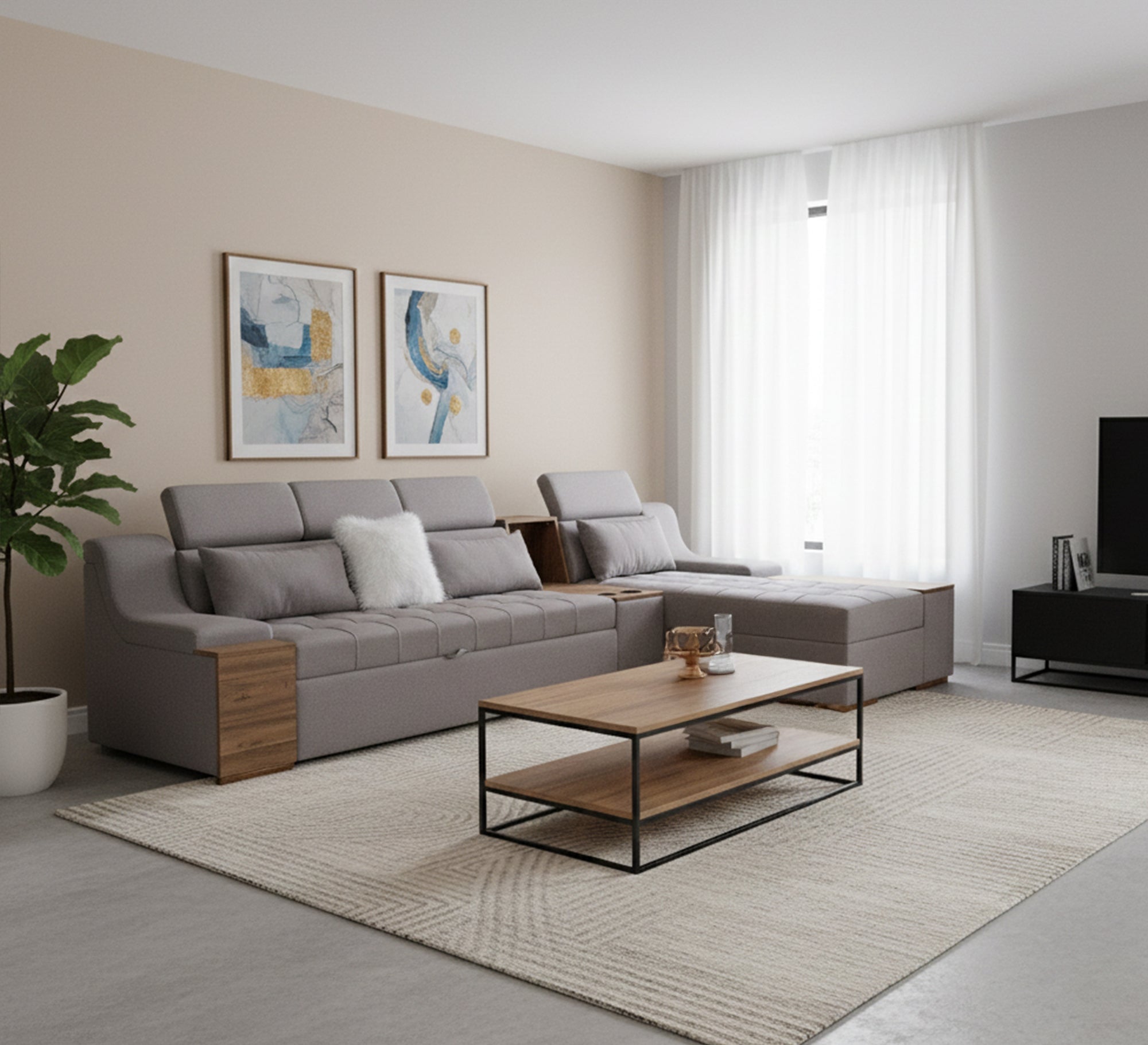 Modern Grey Corner with Built - In Wood Table - Vitrine Furniture - L - shape sofa set