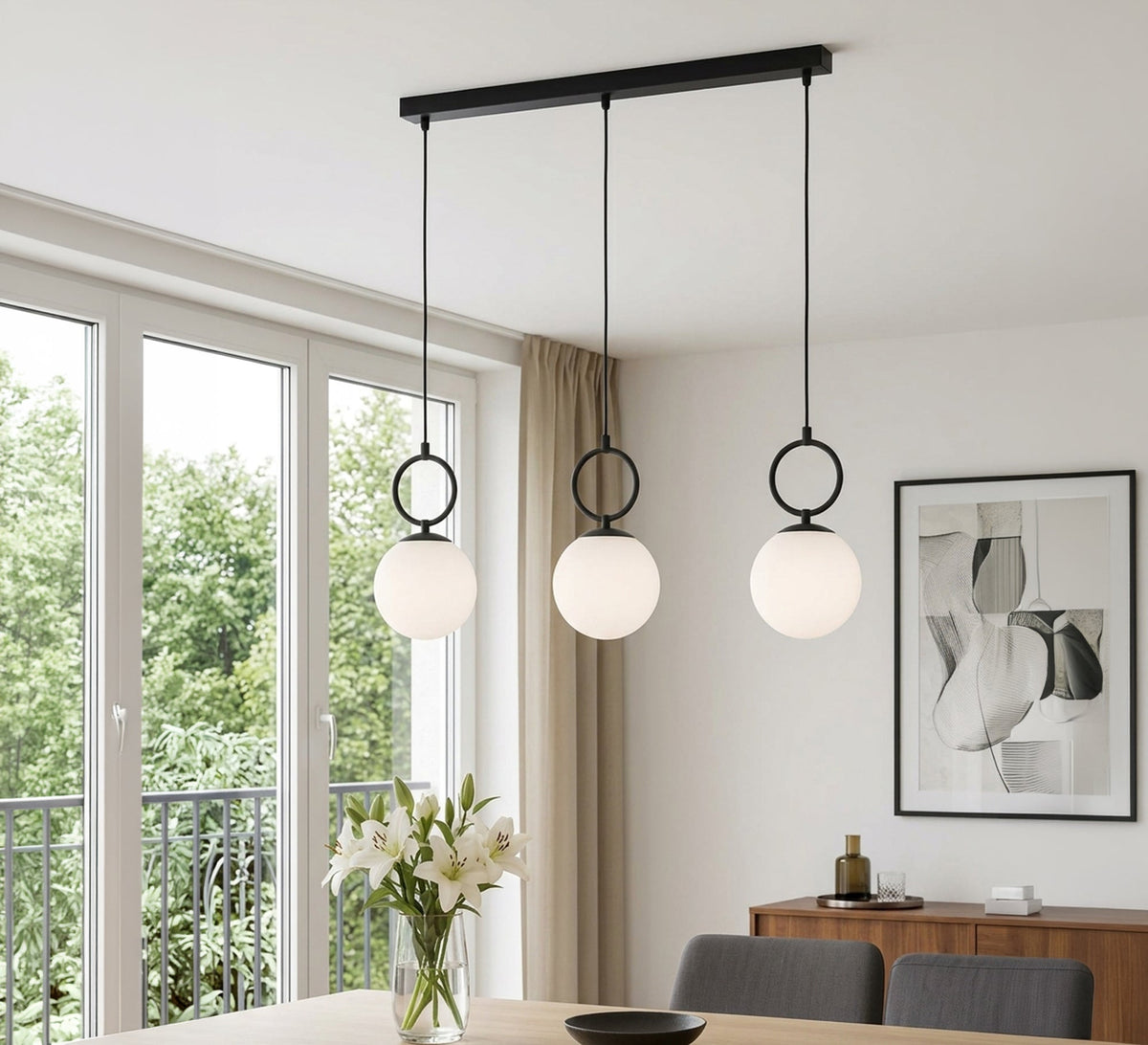 Modern linear 3-light ceiling chandelier featuring bars and rings - Vitrine Furniture - Ceiling lights