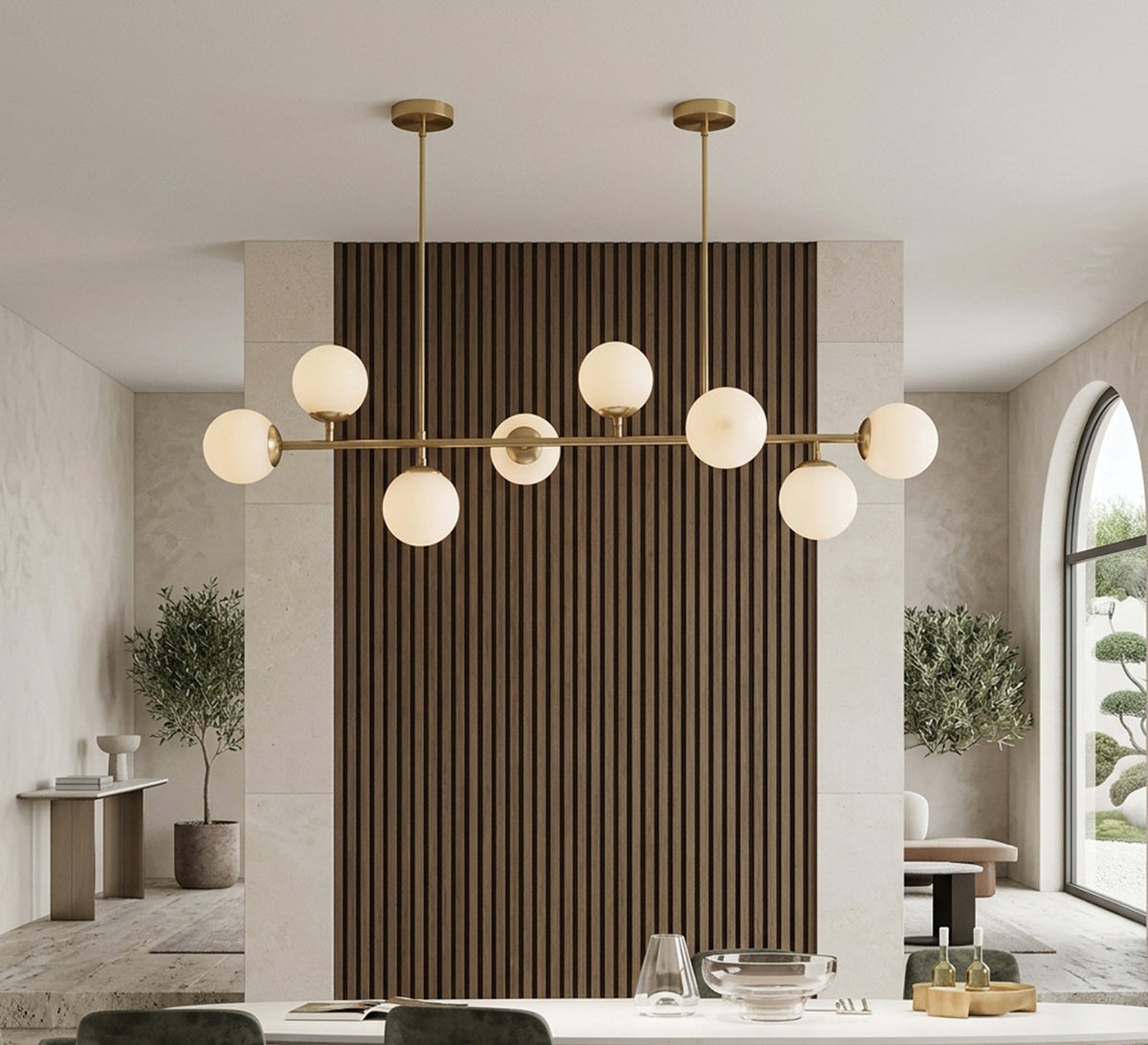 Modern linear 7-light ceiling chandelier with a gold frame - Vitrine Furniture - Ceiling lights