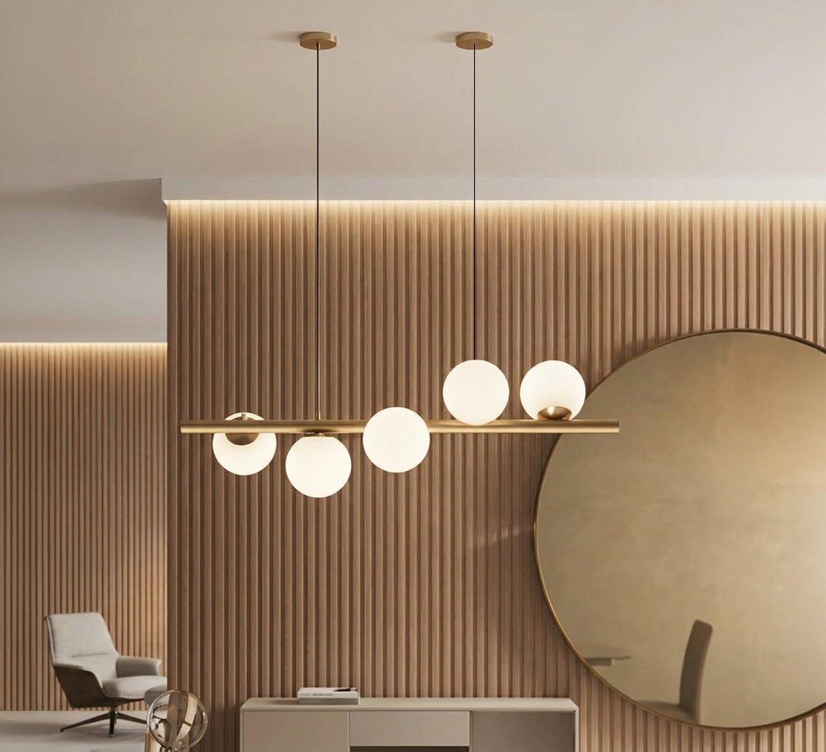 Modern linear ceiling chandelier (5-light) with a gold frame - Vitrine Furniture - Ceiling lights