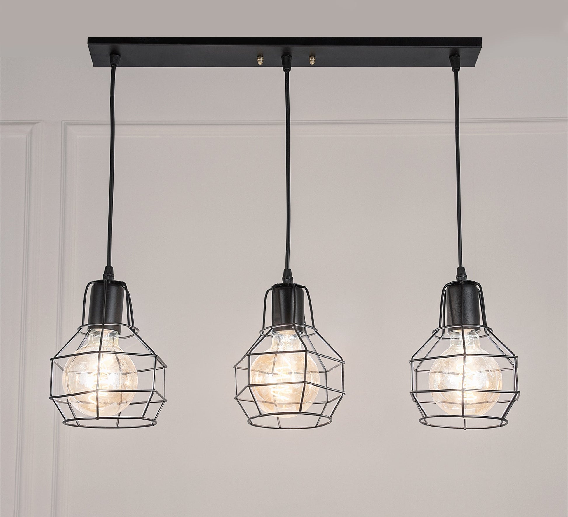 Modern Triple Chandelier with Black Circular Cage Light Fixtures - Vitrine Furniture - Lighting