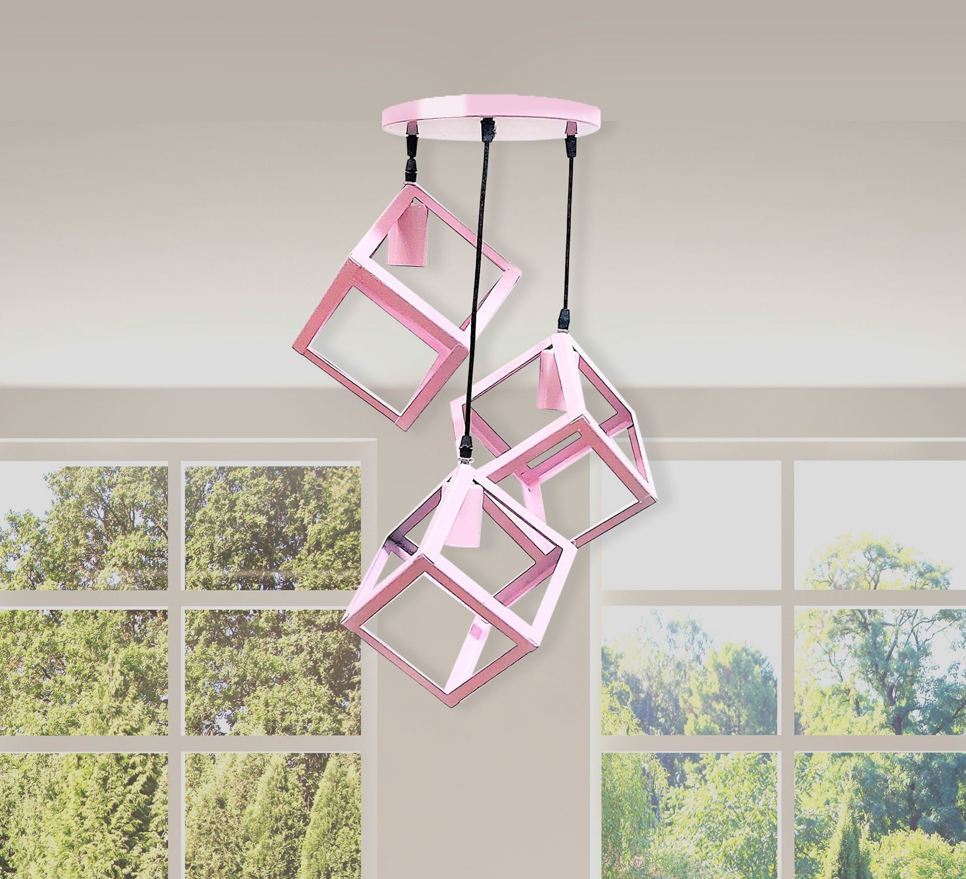 Modern Triple Chandelier with Circular Base in Pink - Vitrine Furniture - Lighting
